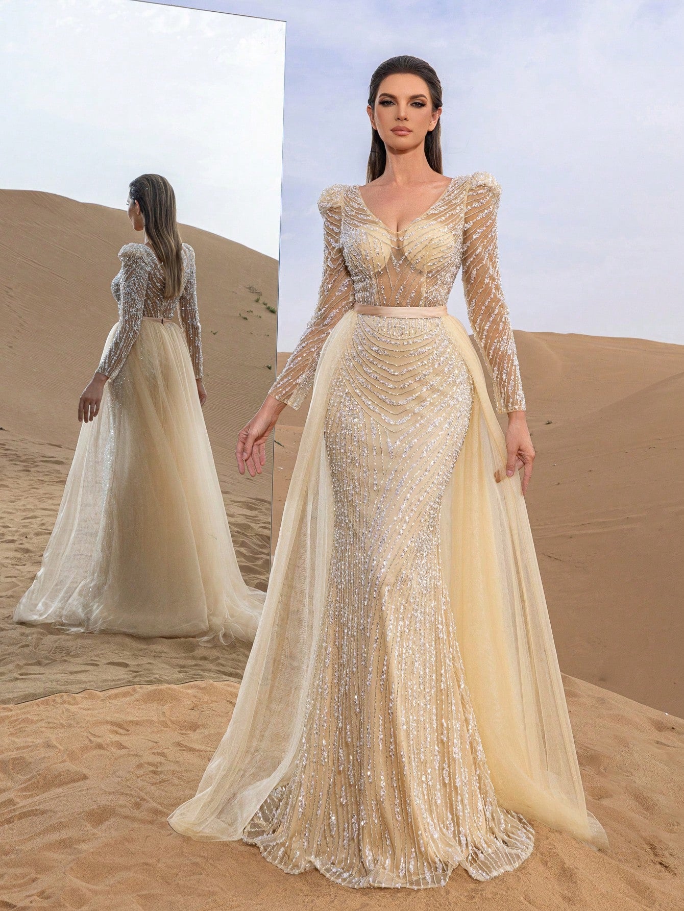 Gorgeous V Neck Long Sleeve Mesh Overlay Beaded Formal Dresses & Evening Gowns