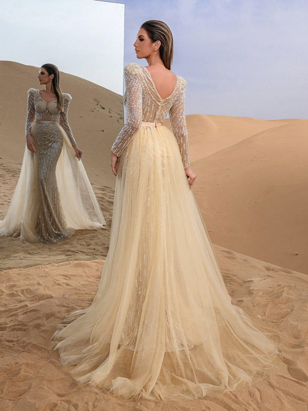 Gorgeous V Neck Long Sleeve Mesh Overlay Beaded Formal Dresses & Evening Gowns