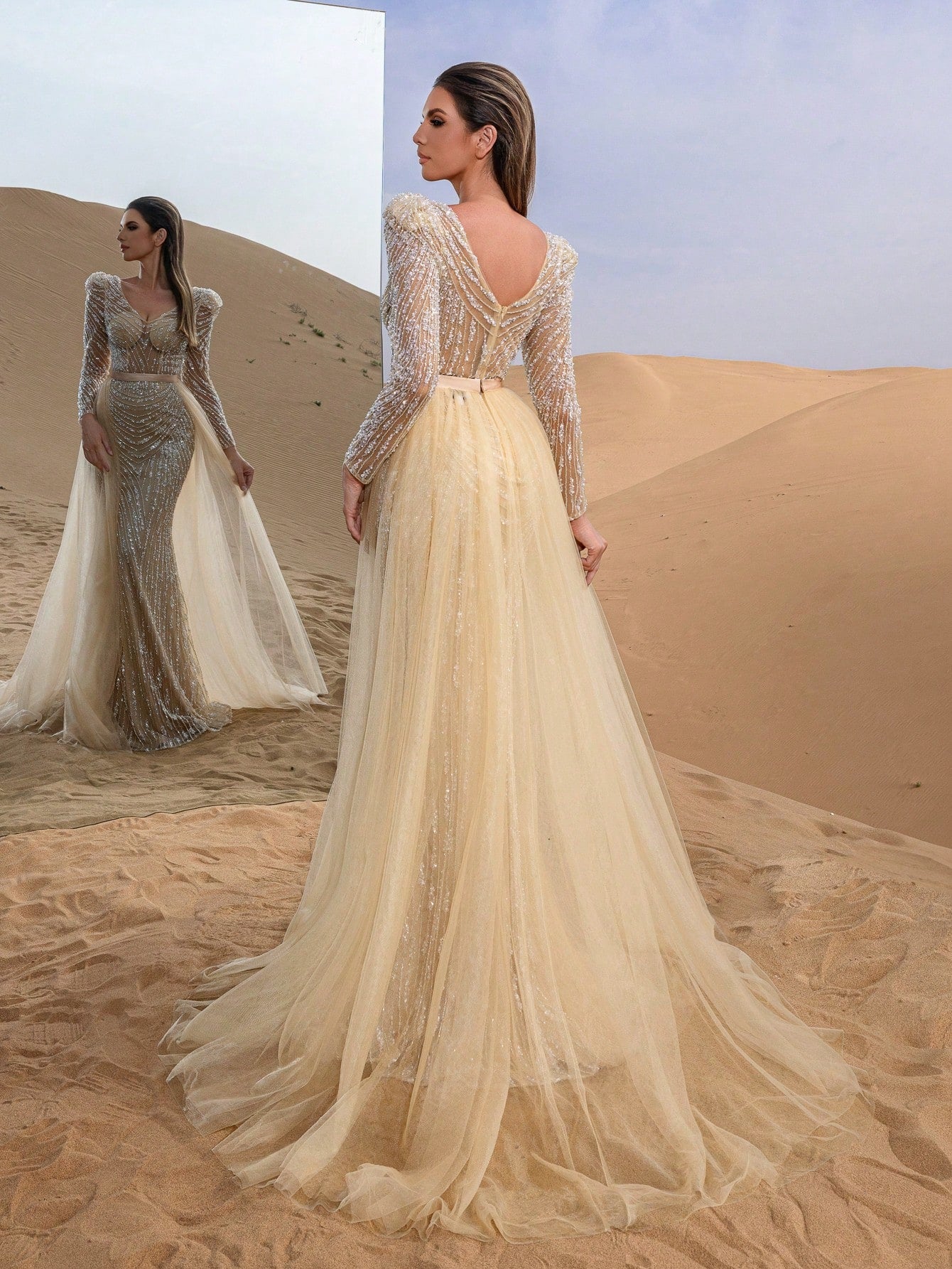 Gorgeous V Neck Long Sleeve Mesh Overlay Beaded Formal Dresses & Evening Gowns
