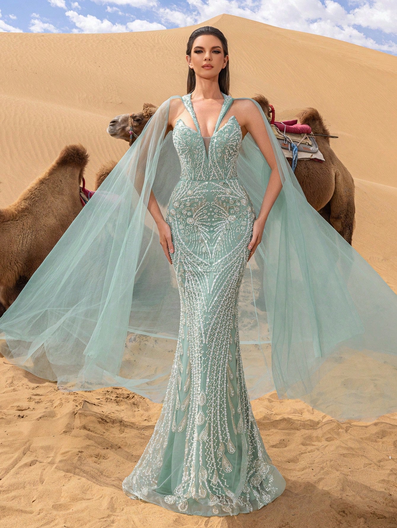 Gorgeous Plunging Neck Mermaid Hem Beaded Formal Cape Dresses & Evening Gowns