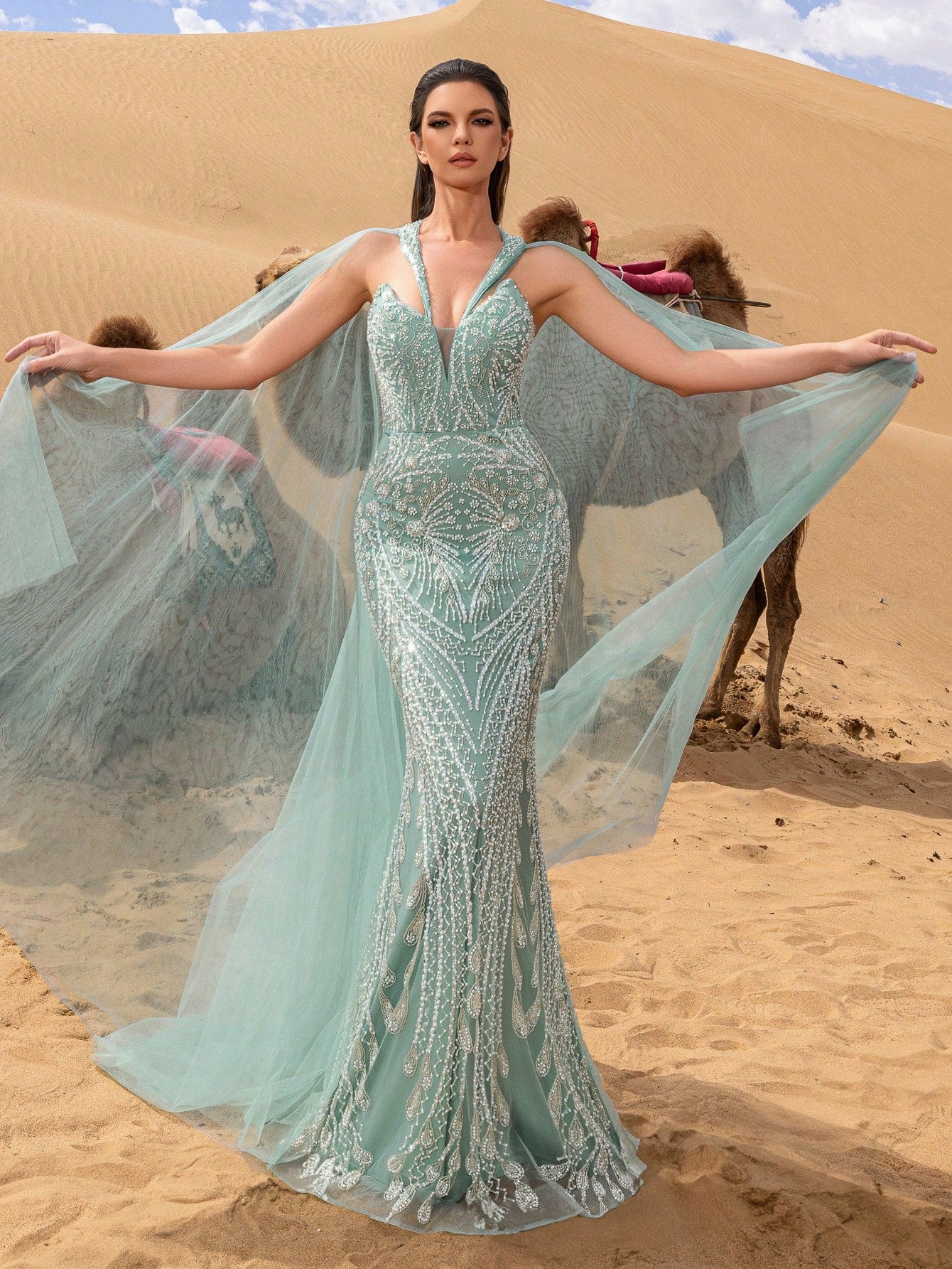 Gorgeous Plunging Neck Mermaid Hem Beaded Formal Cape Dresses & Evening Gowns