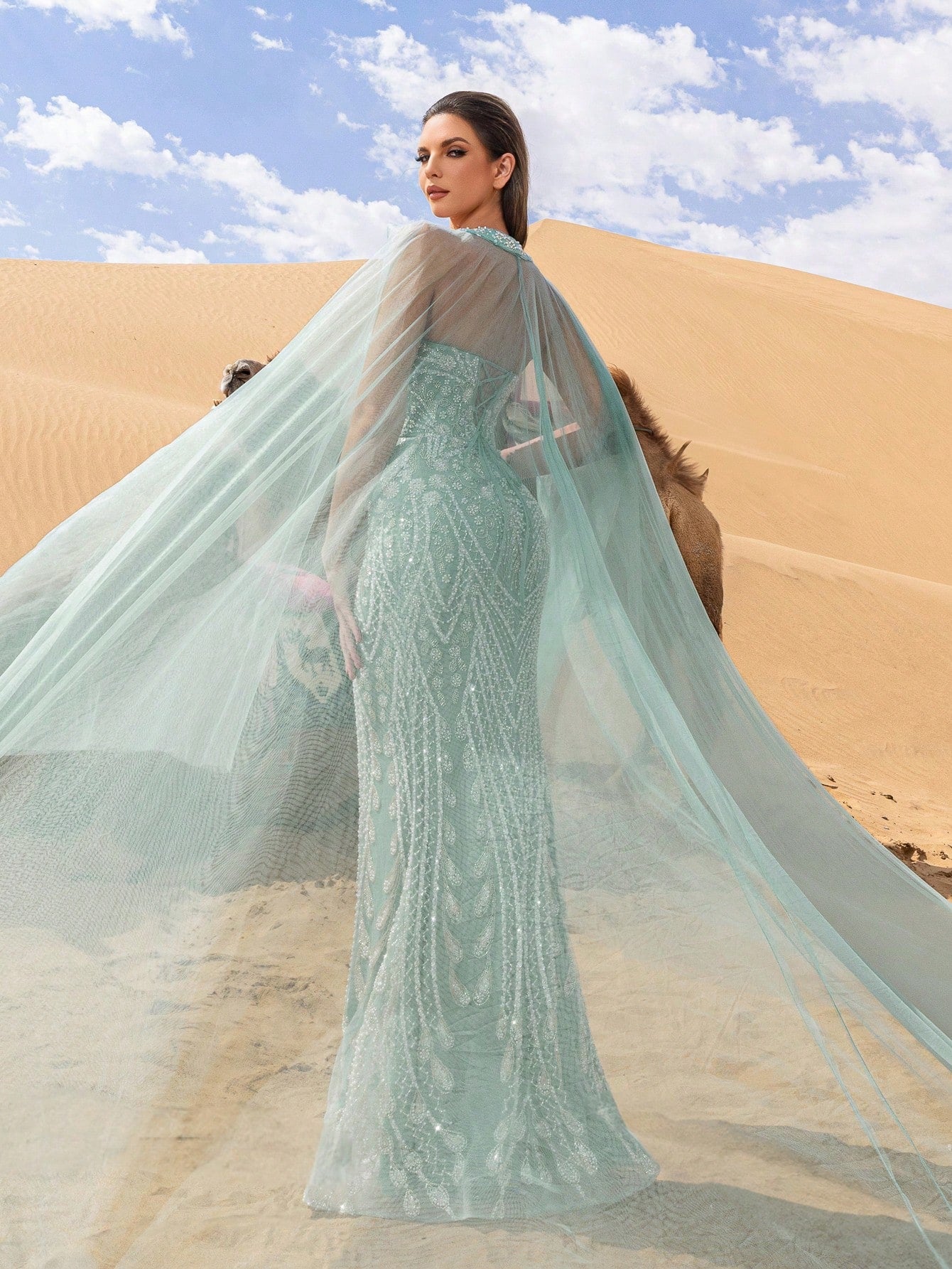 Gorgeous Plunging Neck Mermaid Hem Beaded Formal Cape Dresses & Evening Gowns