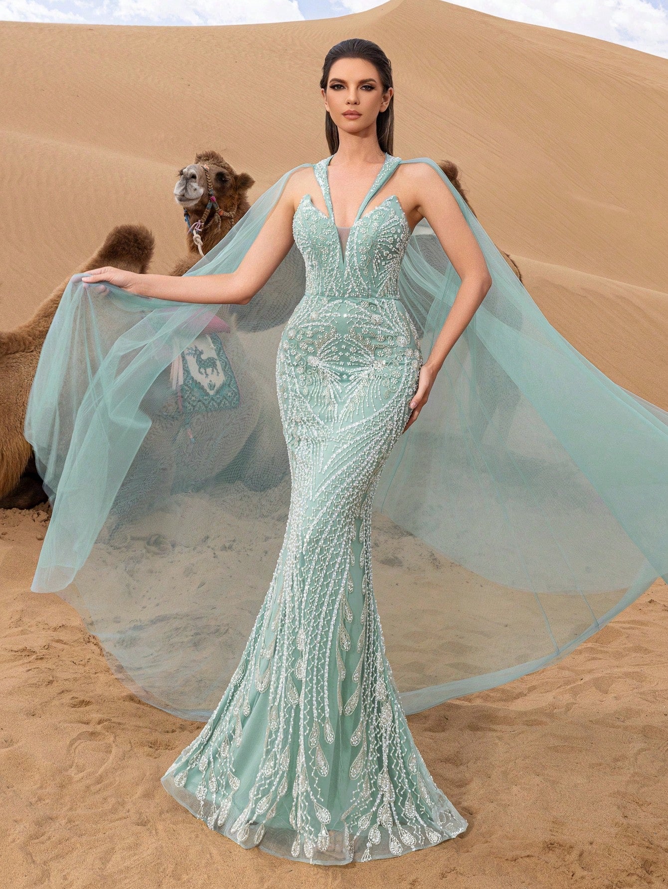 Gorgeous Plunging Neck Mermaid Hem Beaded Formal Cape Dresses & Evening Gowns