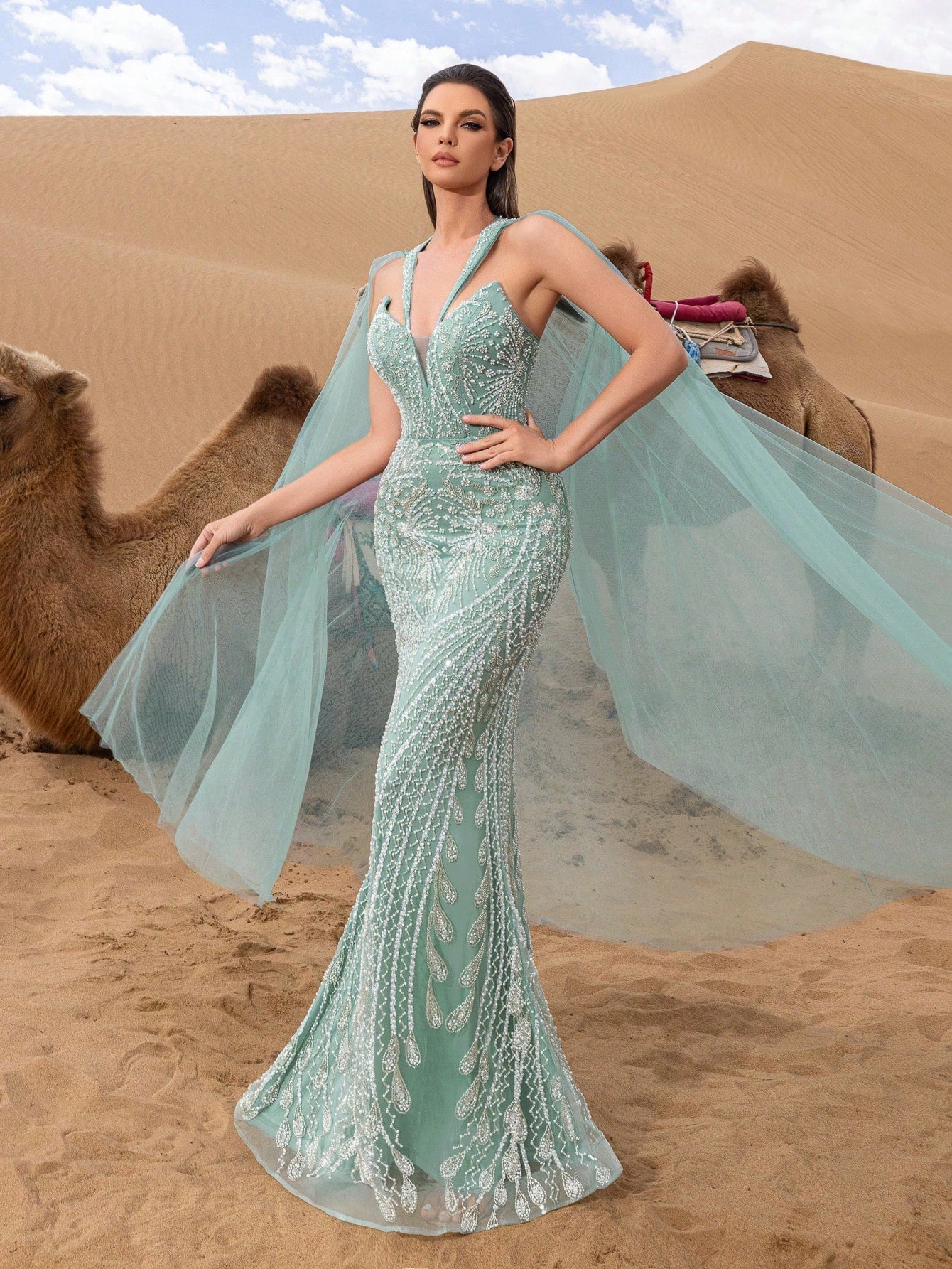 Gorgeous Plunging Neck Mermaid Hem Beaded Formal Cape Dresses & Evening Gowns