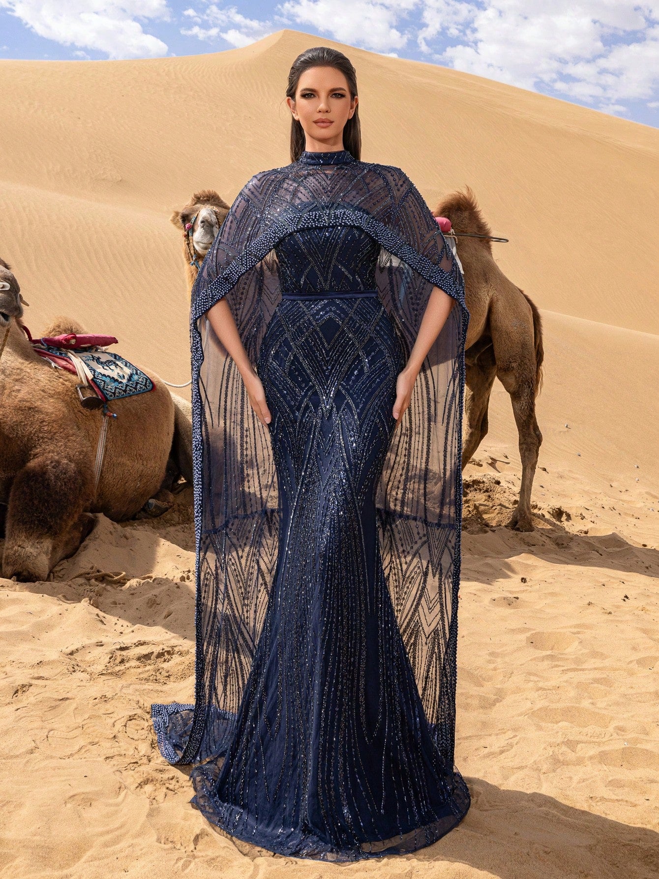 Gorgeous Mock Neck Mermaid Hem Beaded Formal Cape Dresses & Evening Gowns