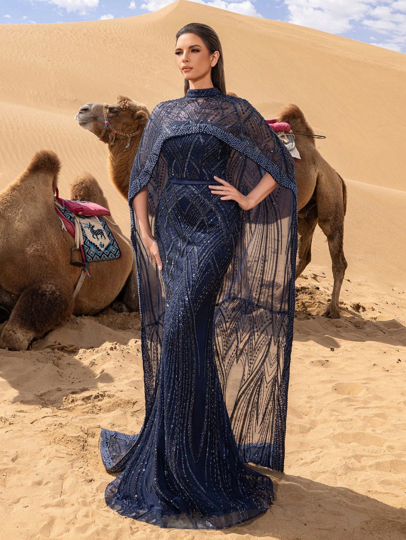 Gorgeous Mock Neck Mermaid Hem Beaded Formal Cape Dresses & Evening Gowns