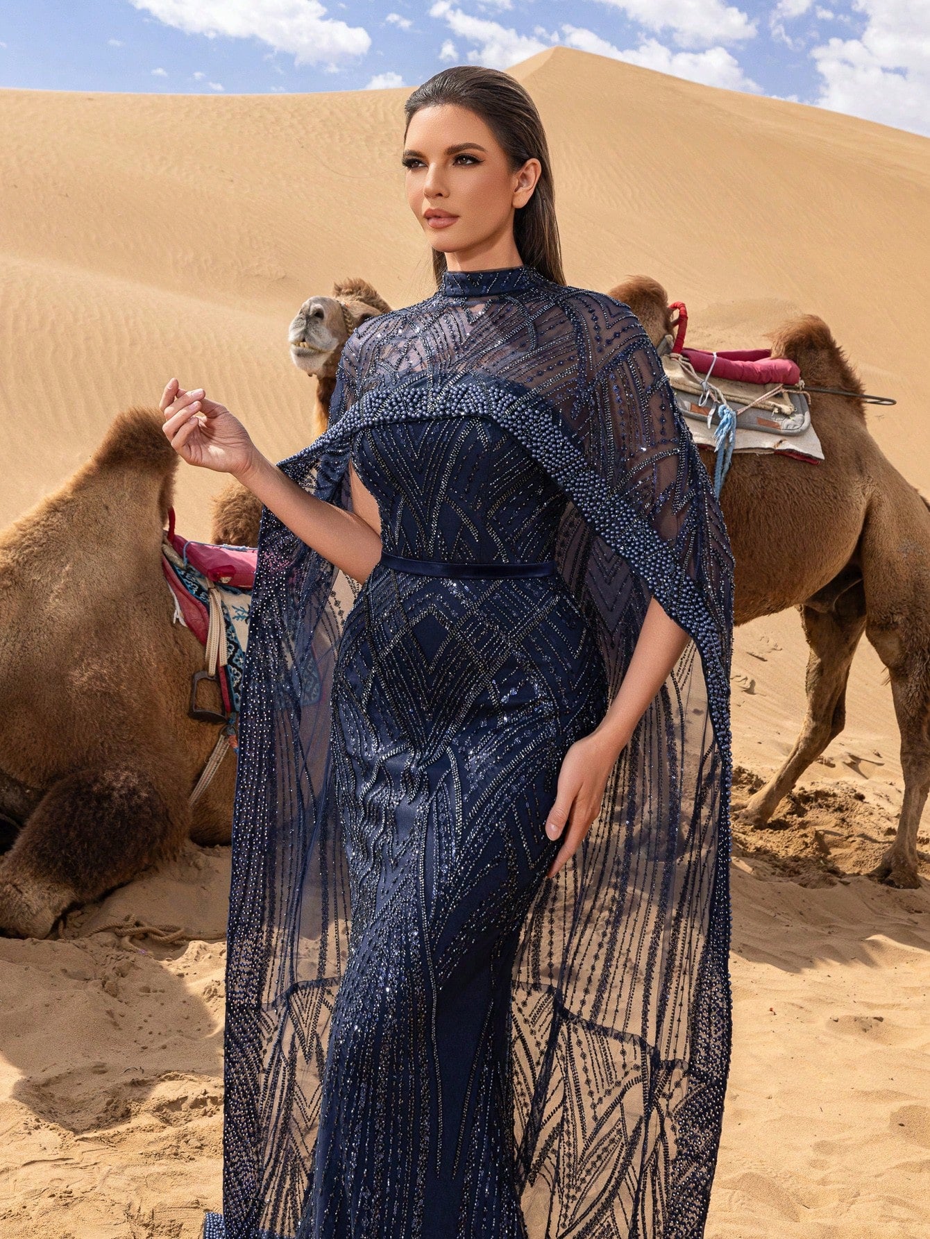 Gorgeous Mock Neck Mermaid Hem Beaded Formal Cape Dresses & Evening Gowns