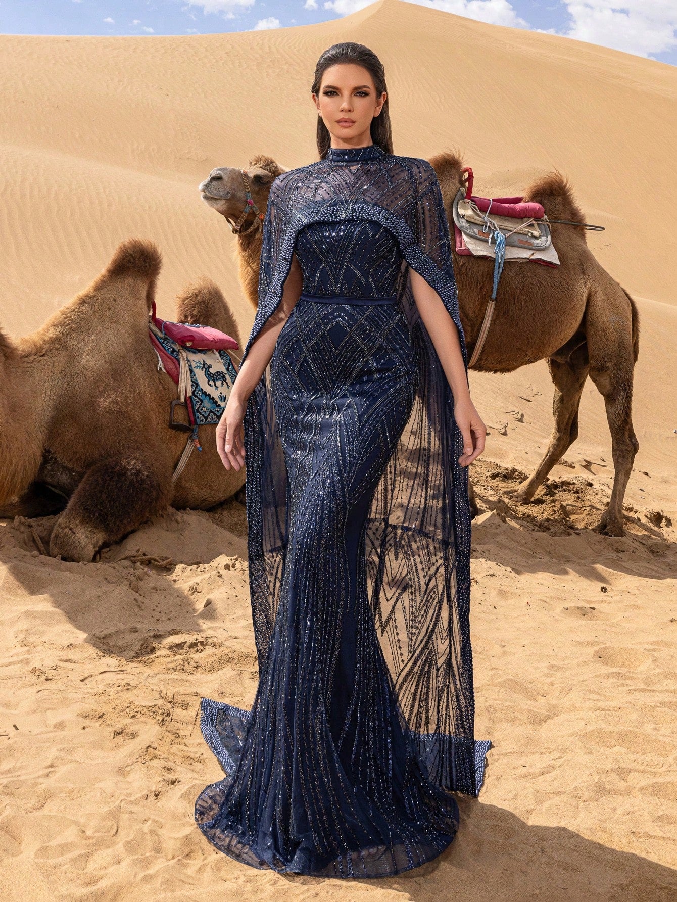 Gorgeous Mock Neck Mermaid Hem Beaded Formal Cape Dresses & Evening Gowns