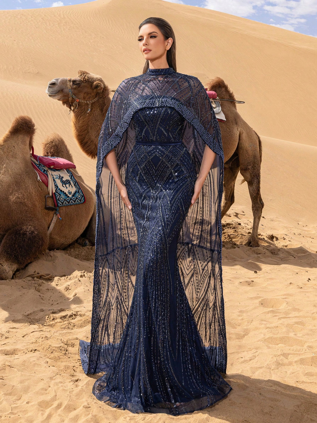 Gorgeous Mock Neck Mermaid Hem Beaded Formal Cape Dresses & Evening Gowns
