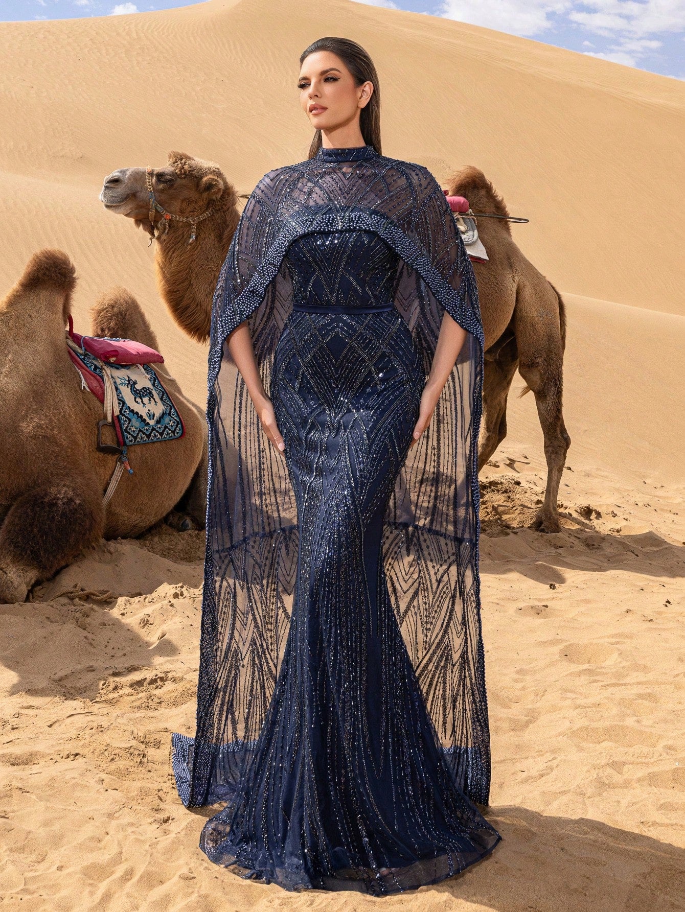 Gorgeous Mock Neck Mermaid Hem Beaded Formal Cape Dresses & Evening Gowns
