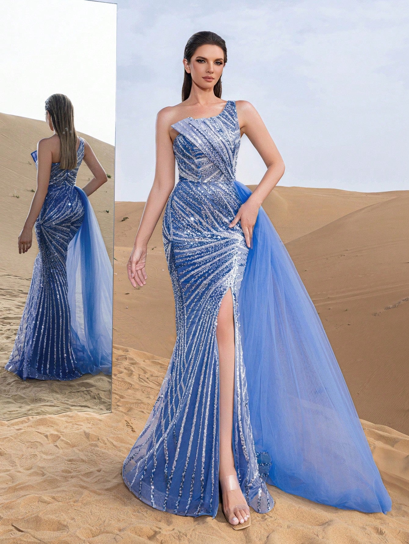 Gorgeous One Shoulder Draped Side Split Mermaid Hem Beaded Formal Dresses & Evening Gowns