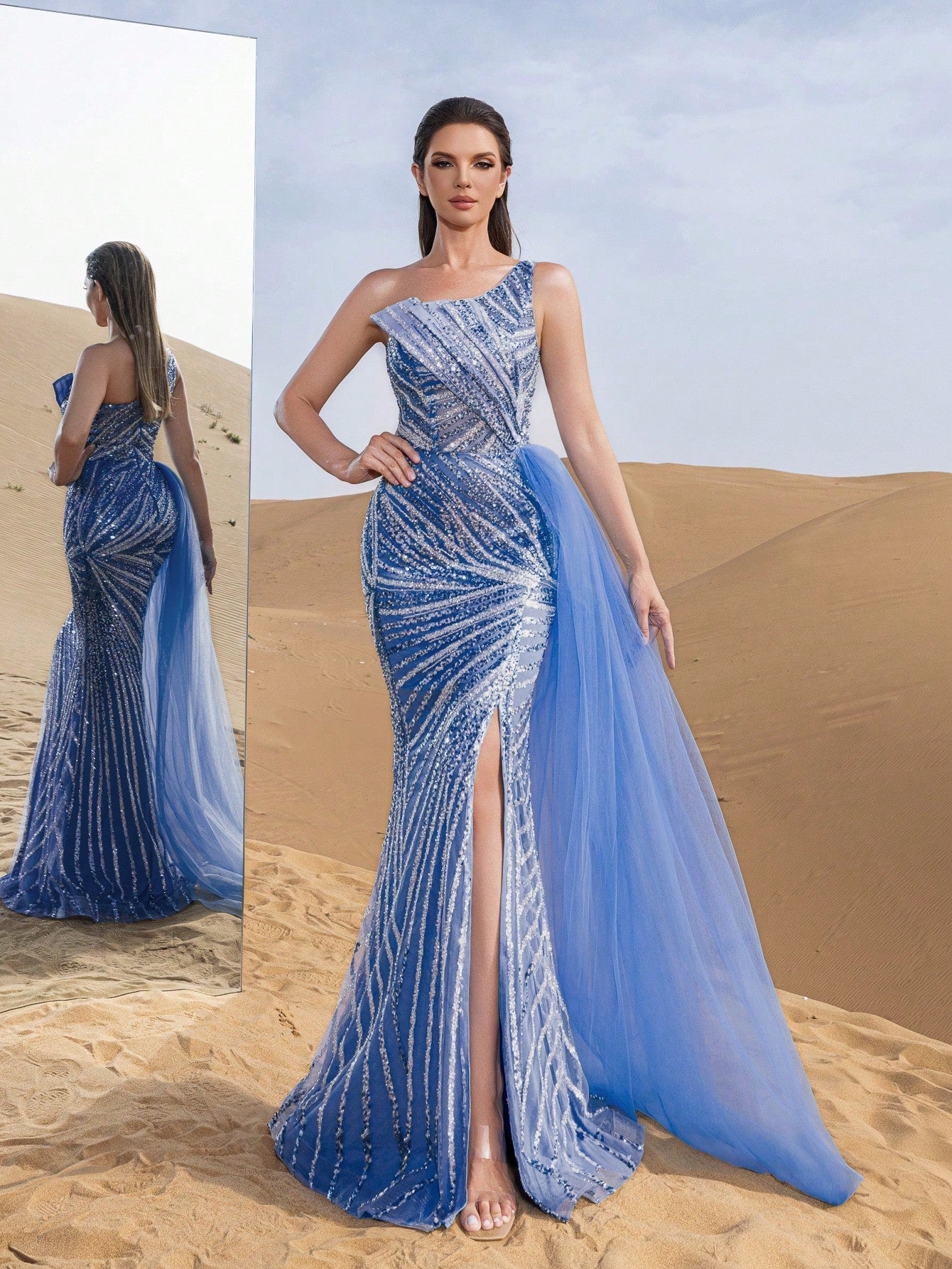 Gorgeous One Shoulder Draped Side Split Mermaid Hem Beaded Formal Dresses & Evening Gowns