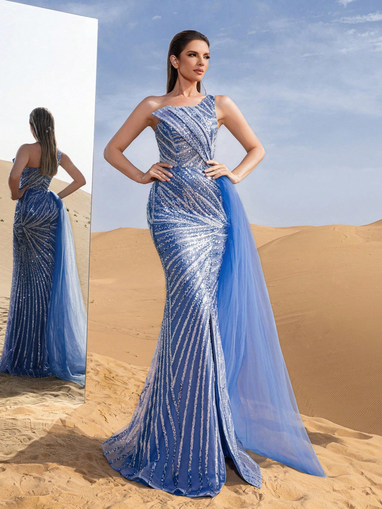 Gorgeous One Shoulder Draped Side Split Mermaid Hem Beaded Formal Dresses & Evening Gowns