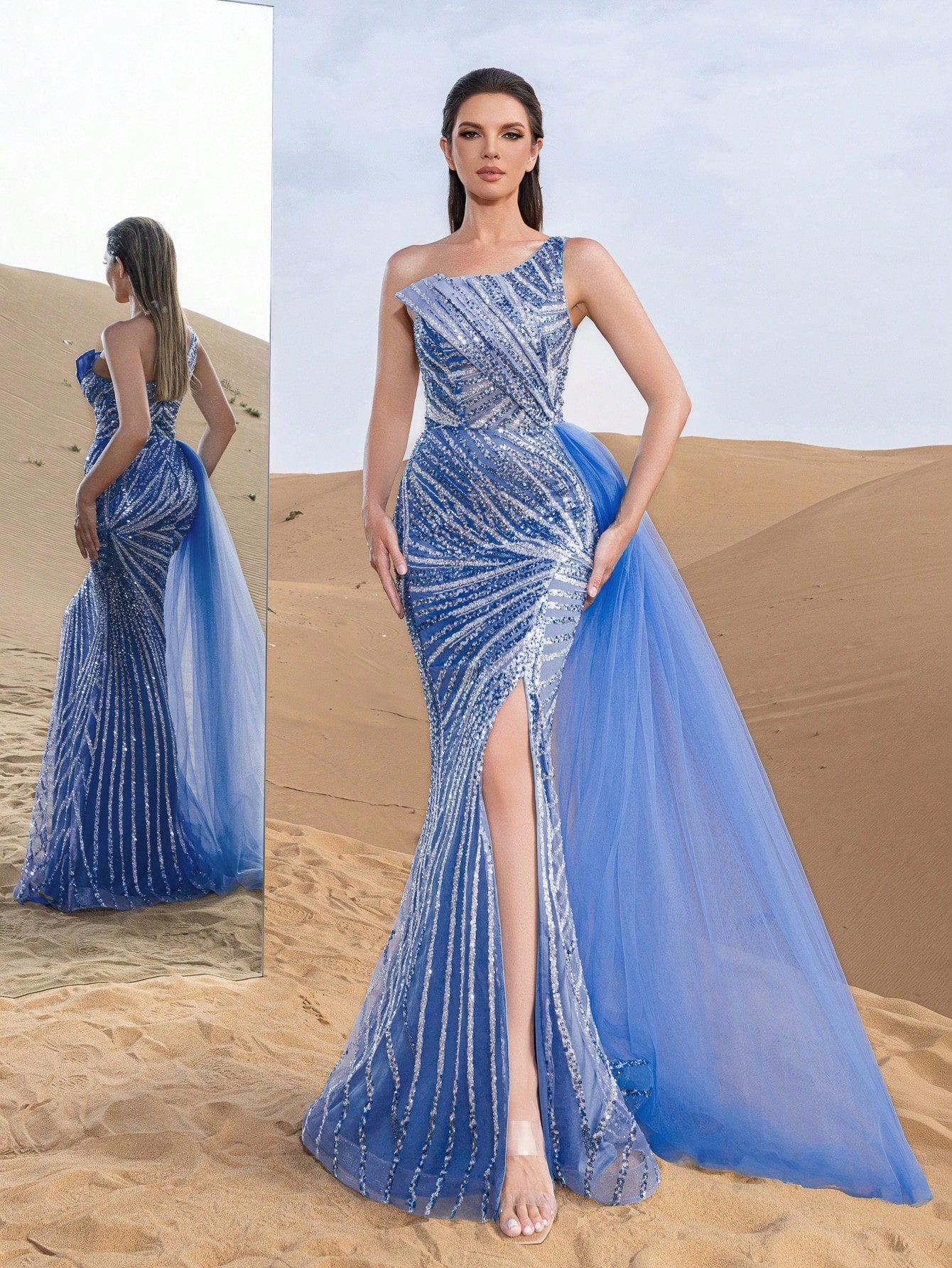 Gorgeous One Shoulder Draped Side Split Mermaid Hem Beaded Formal Dresses & Evening Gowns