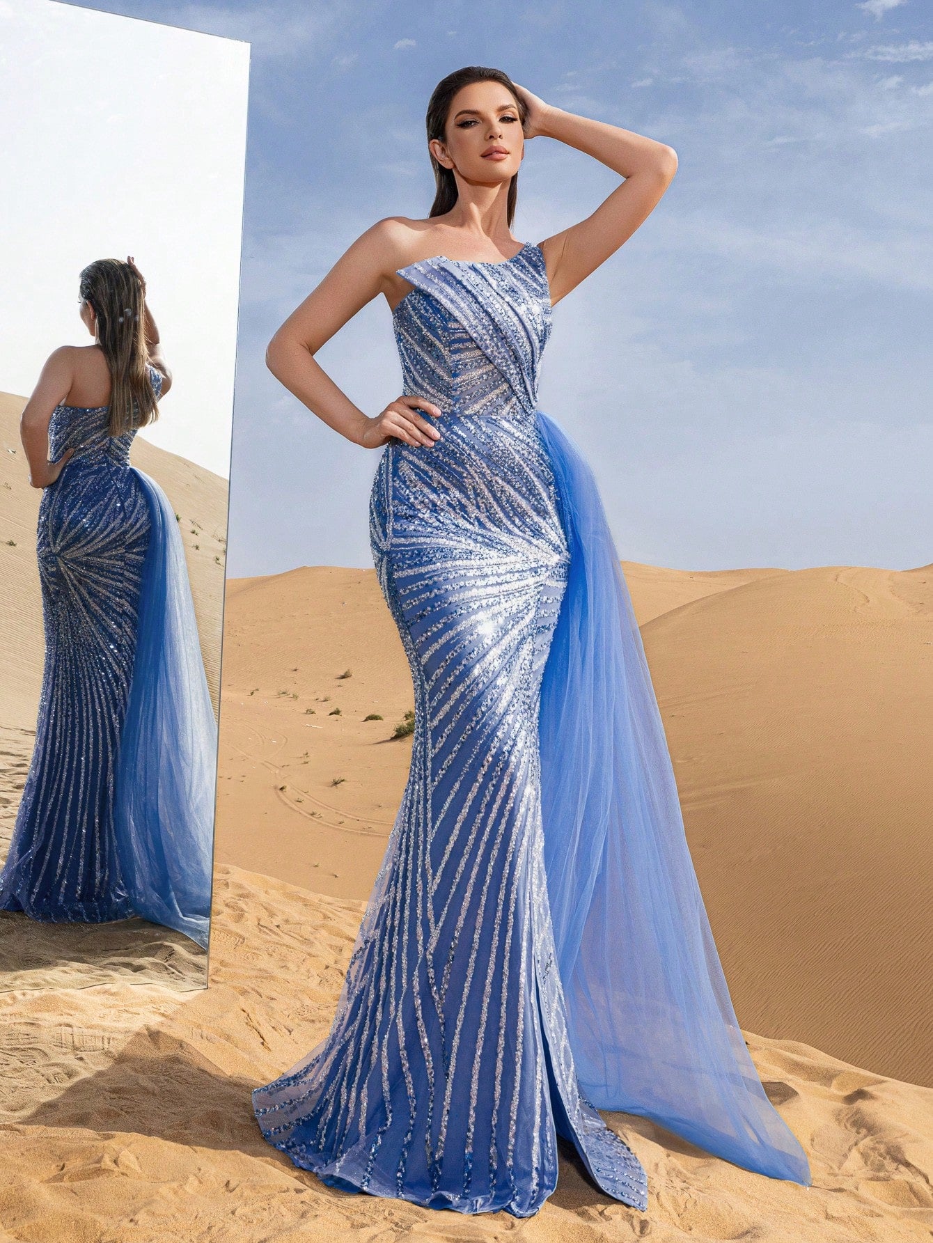 Gorgeous One Shoulder Draped Side Split Mermaid Hem Beaded Formal Dresses & Evening Gowns