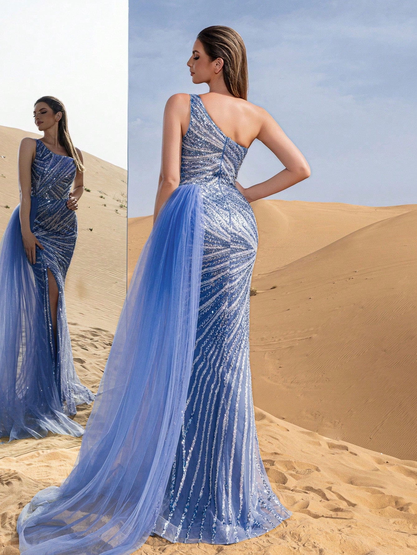 Gorgeous One Shoulder Draped Side Split Mermaid Hem Beaded Formal Dresses & Evening Gowns
