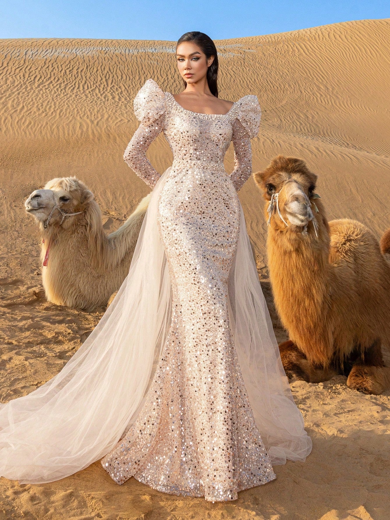 Gorgeous Square Collar Tulle Overlay Mermaid Hem Beaded Formal Dresses & Evening Gowns