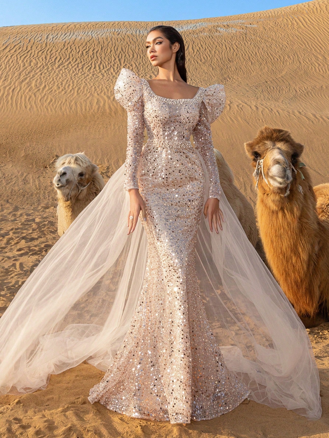 Gorgeous Square Collar Tulle Overlay Mermaid Hem Beaded Formal Dresses & Evening Gowns