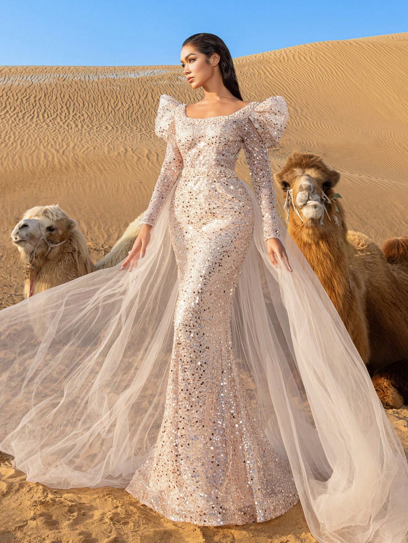 Gorgeous Square Collar Tulle Overlay Mermaid Hem Beaded Formal Dresses & Evening Gowns
