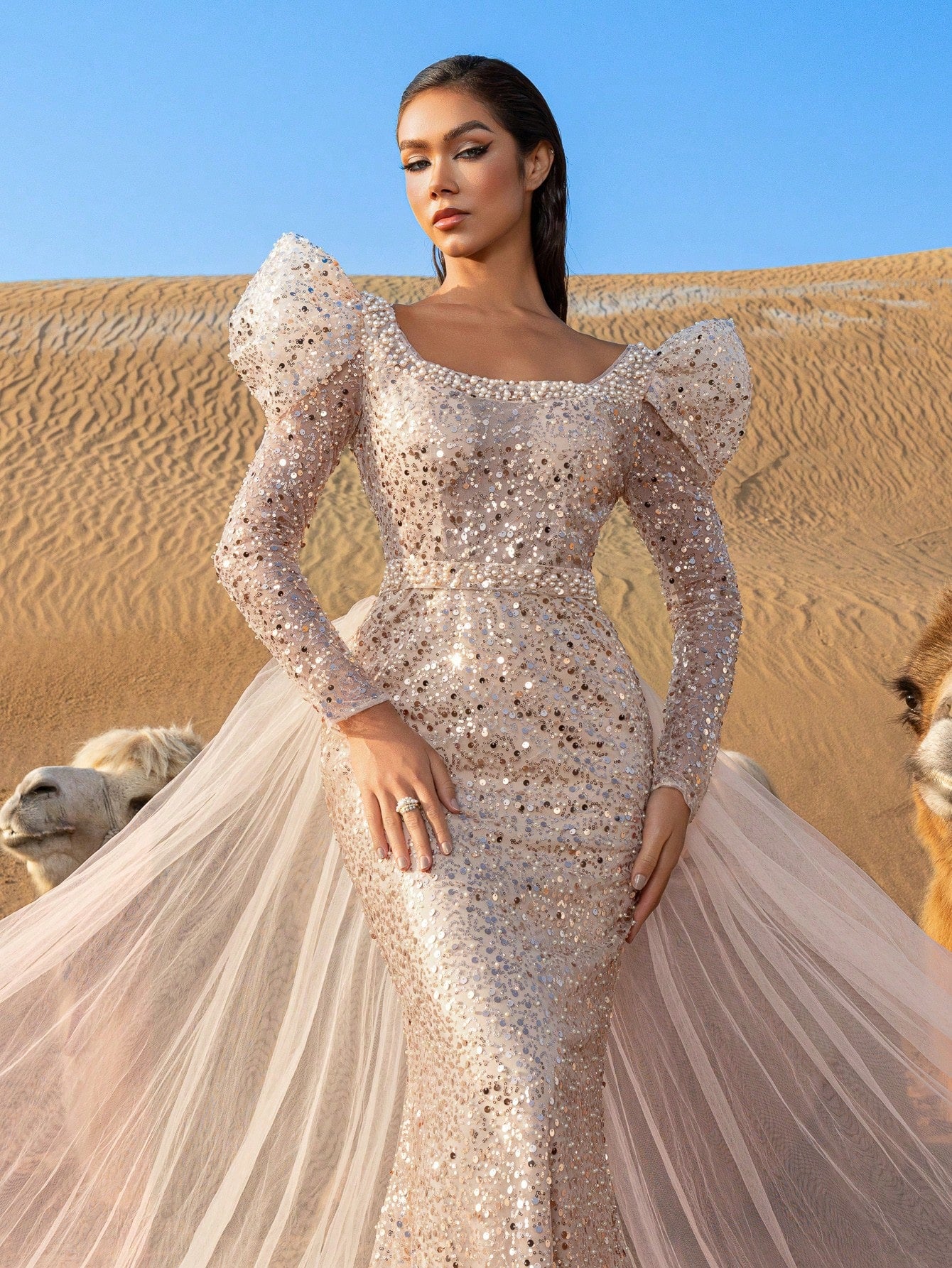 Gorgeous Square Collar Tulle Overlay Mermaid Hem Beaded Formal Dresses & Evening Gowns