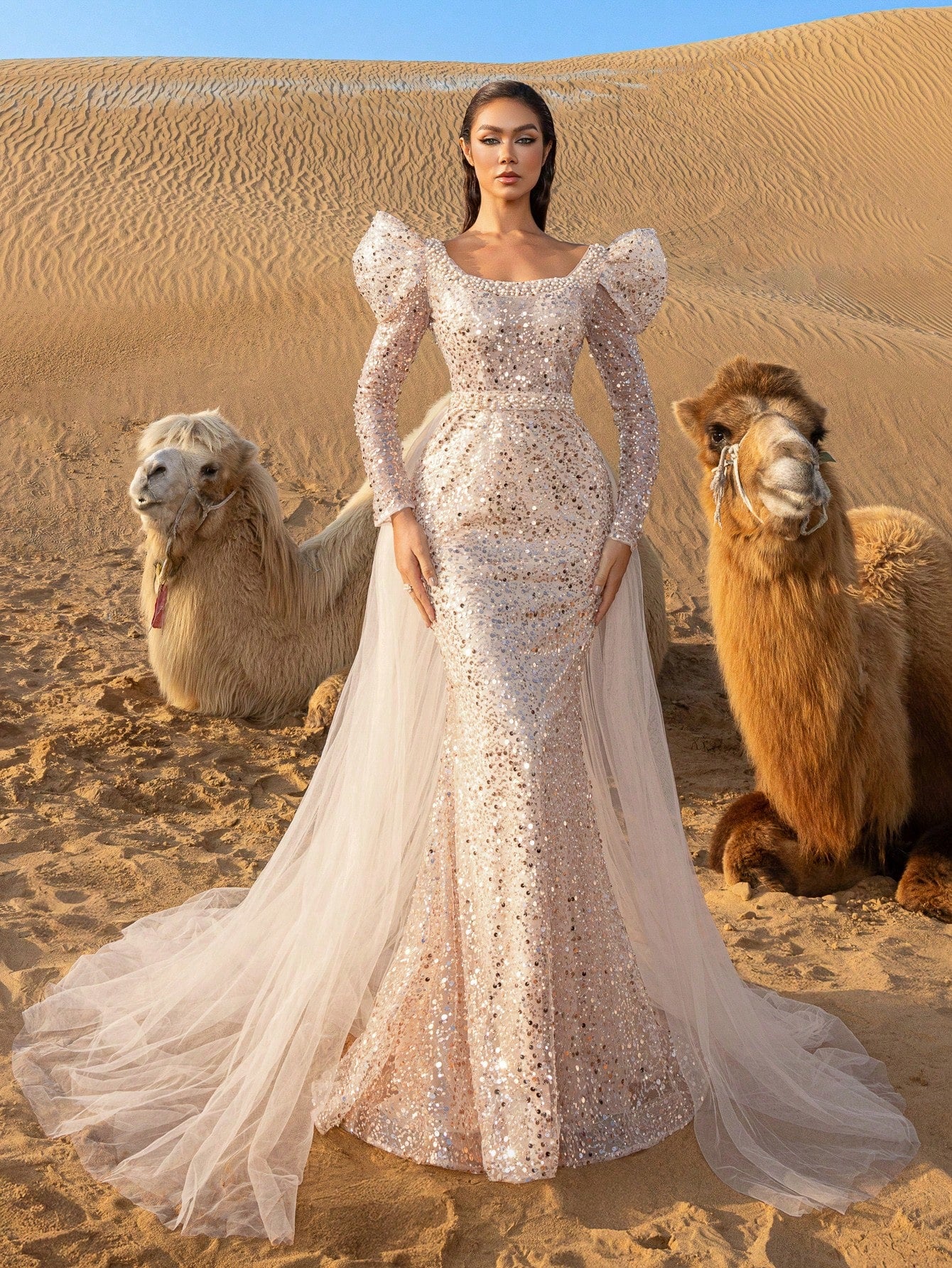 Gorgeous Square Collar Tulle Overlay Mermaid Hem Beaded Formal Dresses & Evening Gowns
