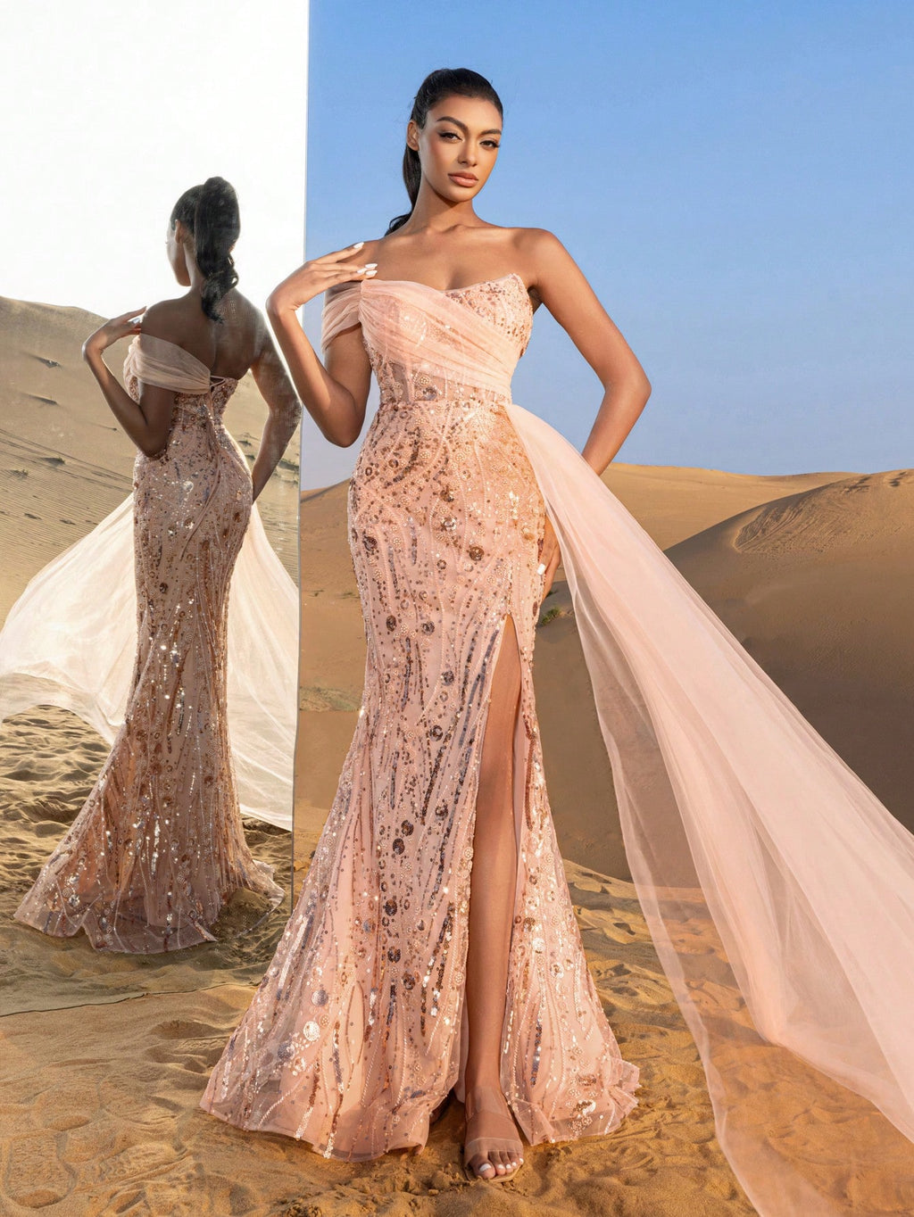 Gorgeous Strapless Mesh Overlay Mermaid Hem Floral Beaded Formal Dresses & Evening Gowns