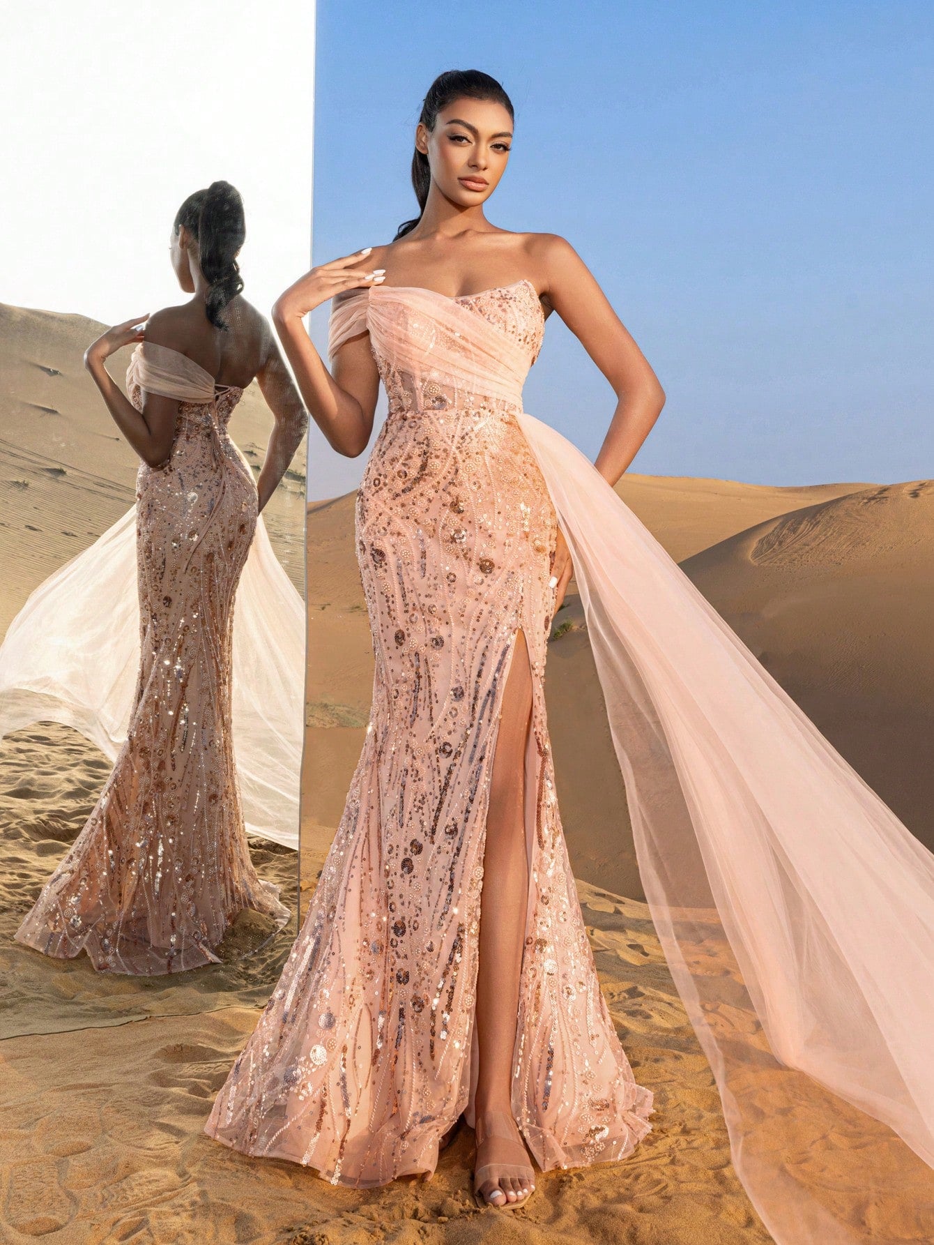 Gorgeous Strapless Mesh Overlay Mermaid Hem Floral Beaded Formal Dresses & Evening Gowns