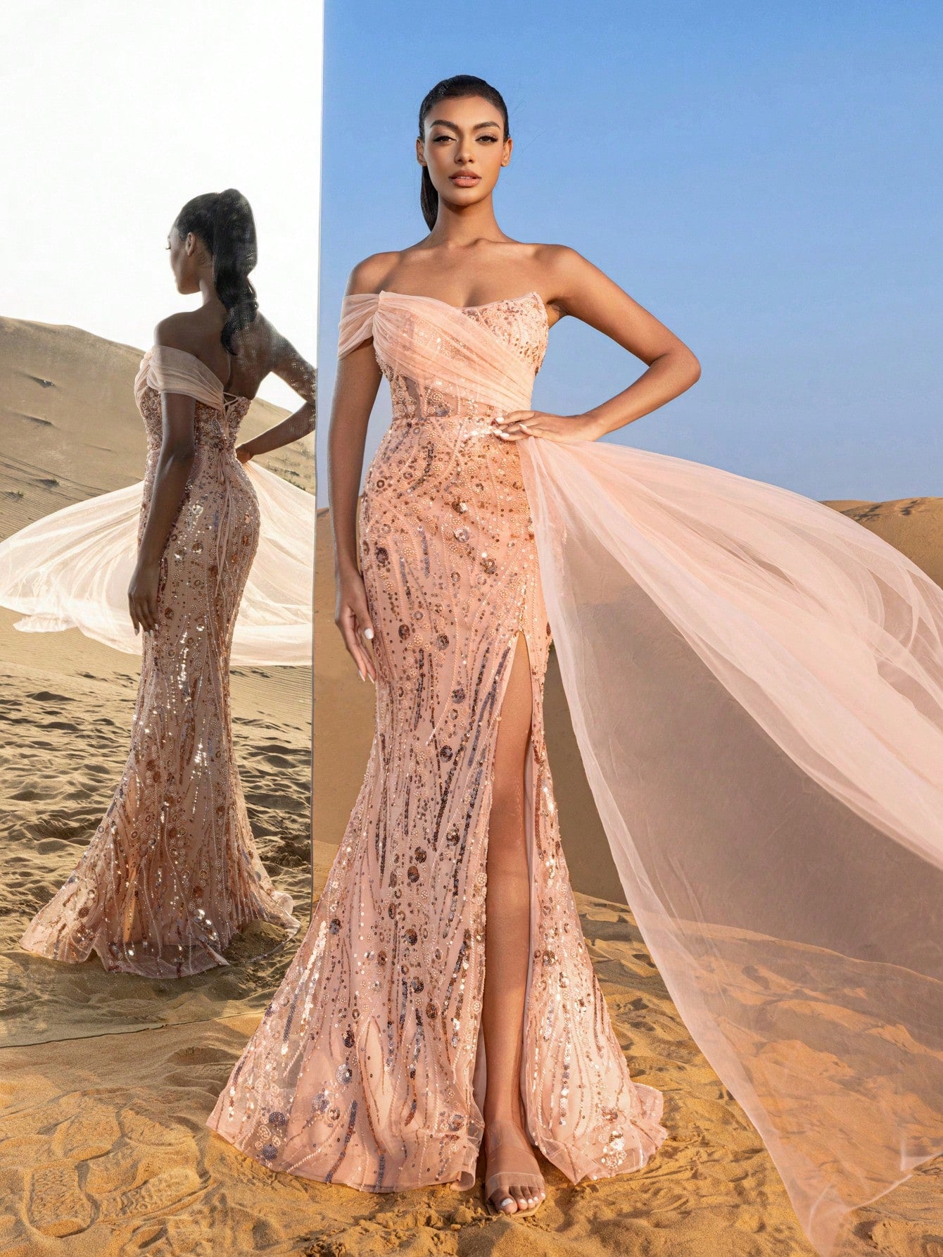 Gorgeous Strapless Mesh Overlay Mermaid Hem Floral Beaded Formal Dresses & Evening Gowns