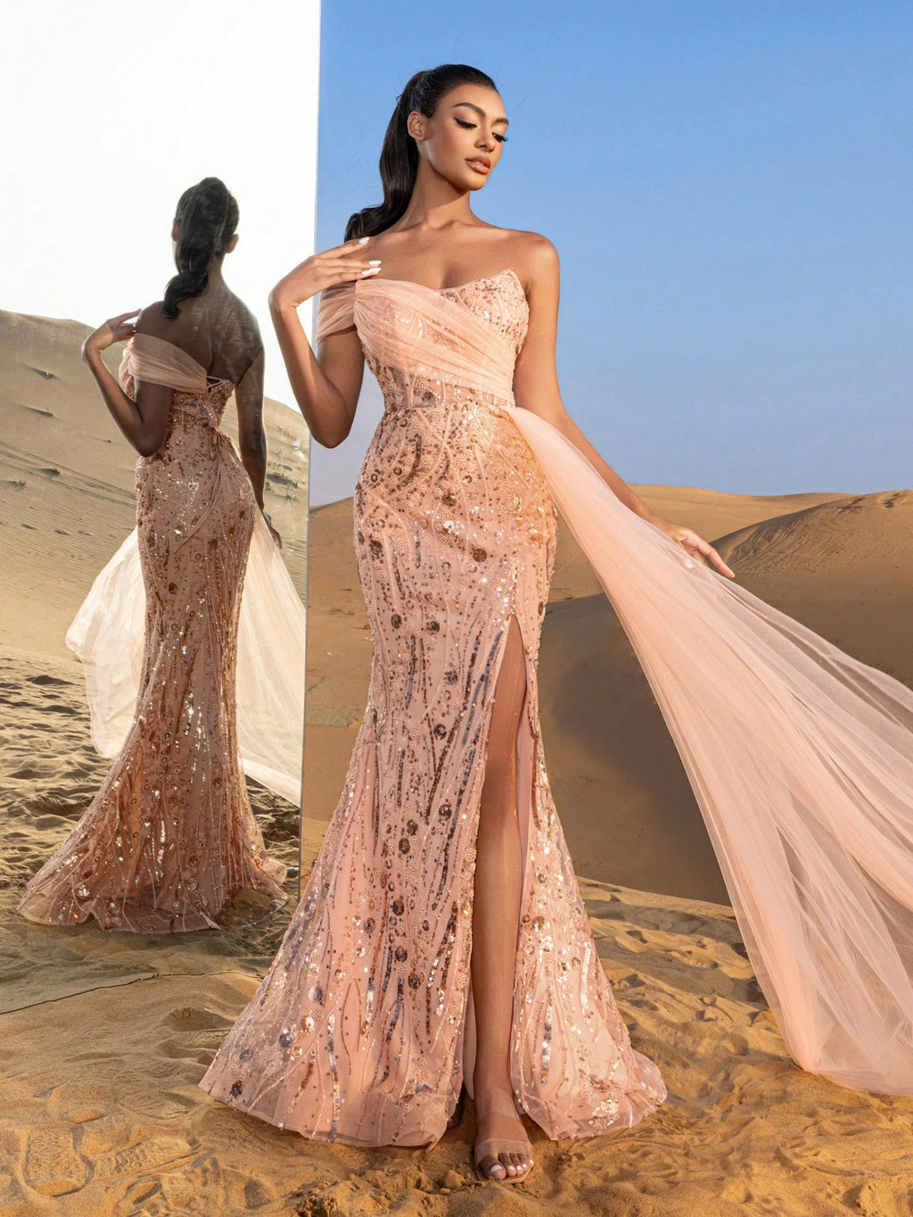 Gorgeous Strapless Mesh Overlay Mermaid Hem Floral Beaded Formal Dresses & Evening Gowns