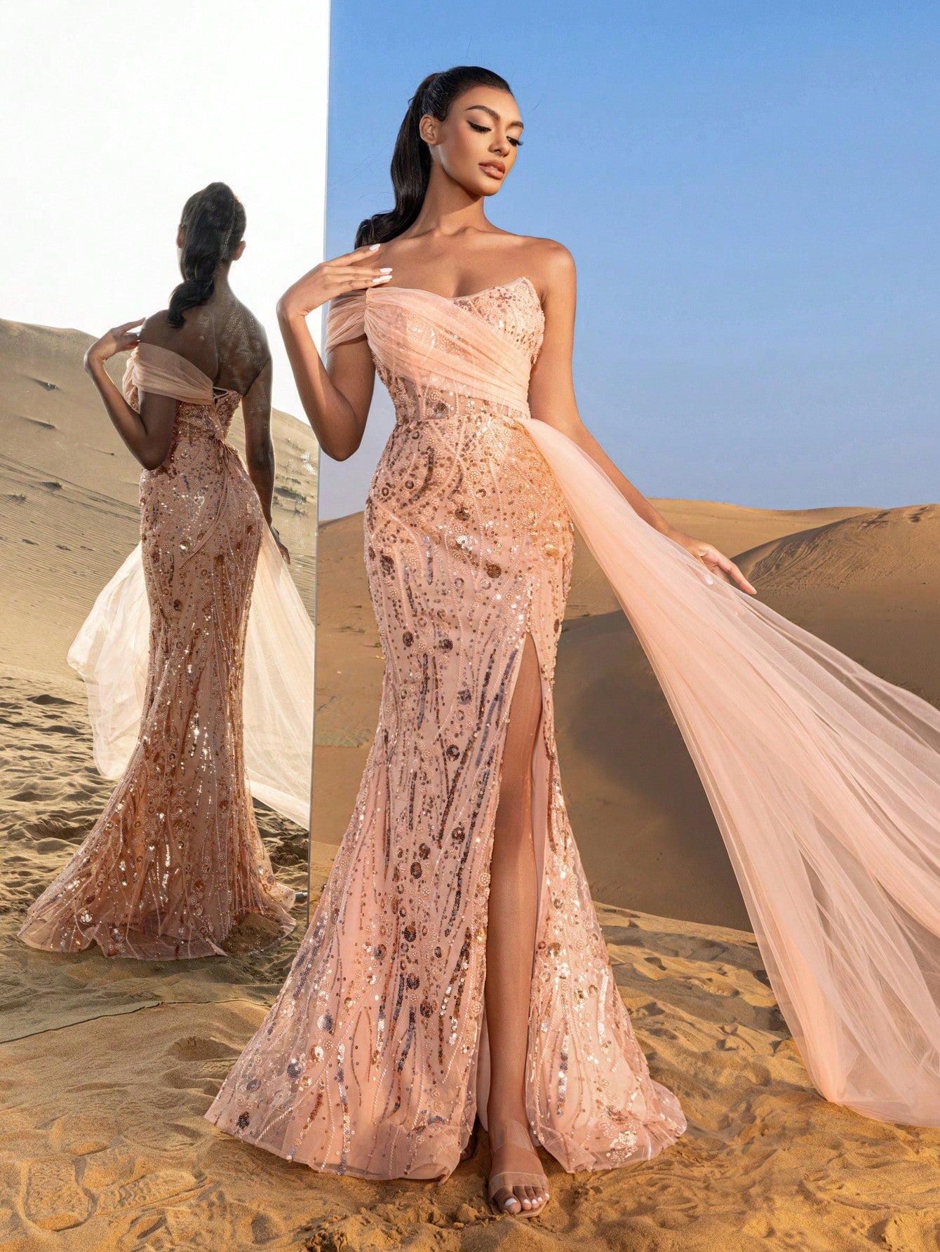 Gorgeous Strapless Mesh Overlay Mermaid Hem Floral Beaded Formal Dresses & Evening Gowns