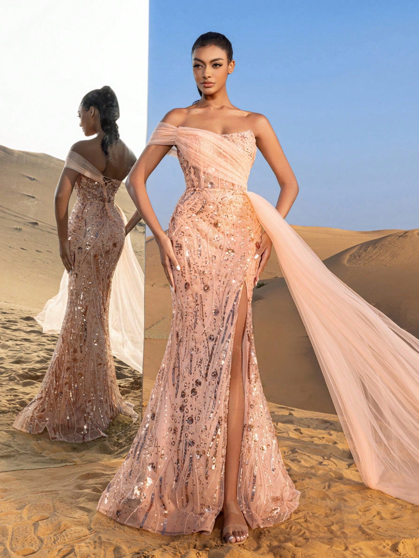 Gorgeous Strapless Mesh Overlay Mermaid Hem Floral Beaded Formal Dresses & Evening Gowns