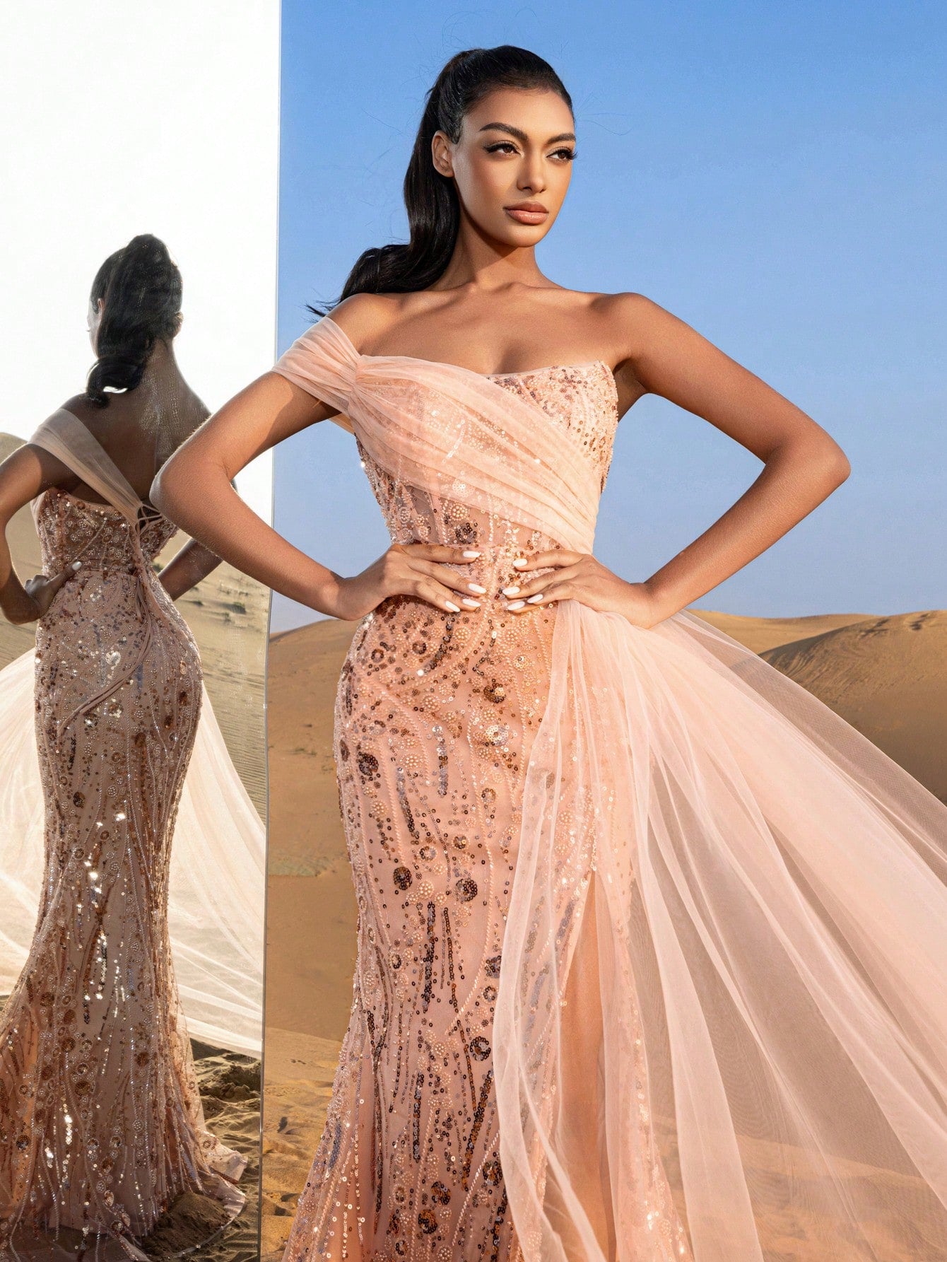 Gorgeous Strapless Mesh Overlay Mermaid Hem Floral Beaded Formal Dresses & Evening Gowns