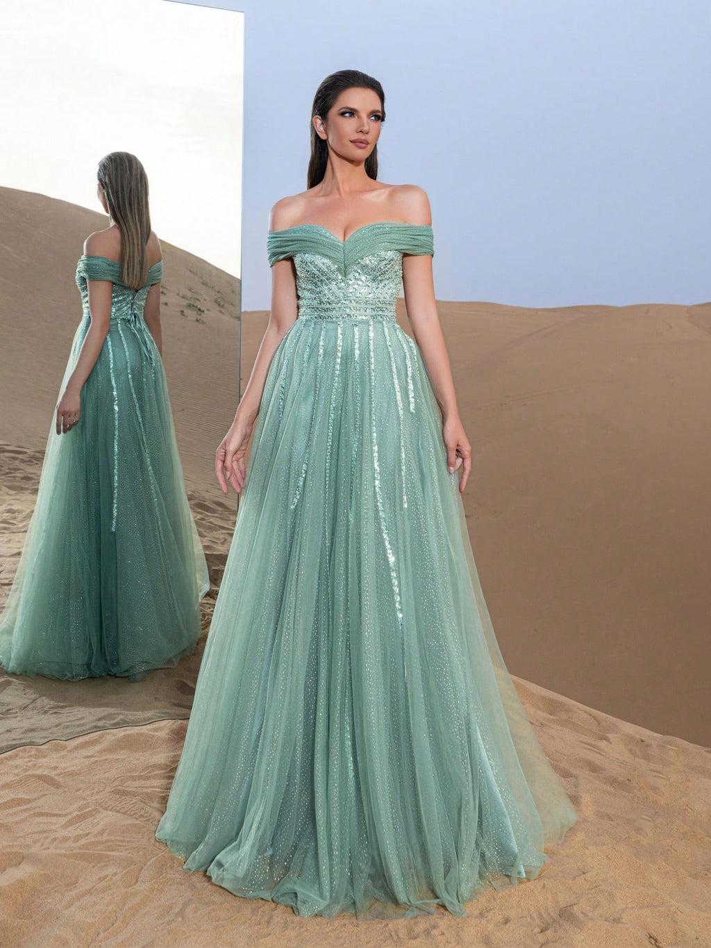 Gorgeous Off Shoulder Beaded Bodice Tulle Formal Prom Dresses & Evening Gowns