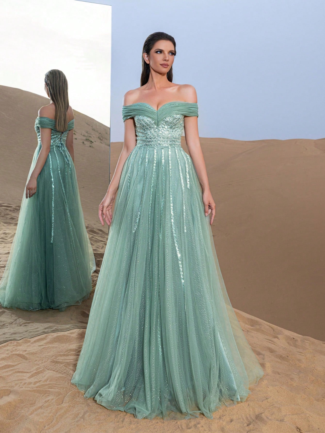 Gorgeous Off Shoulder Beaded Bodice Tulle Formal Prom Dresses & Evening Gowns