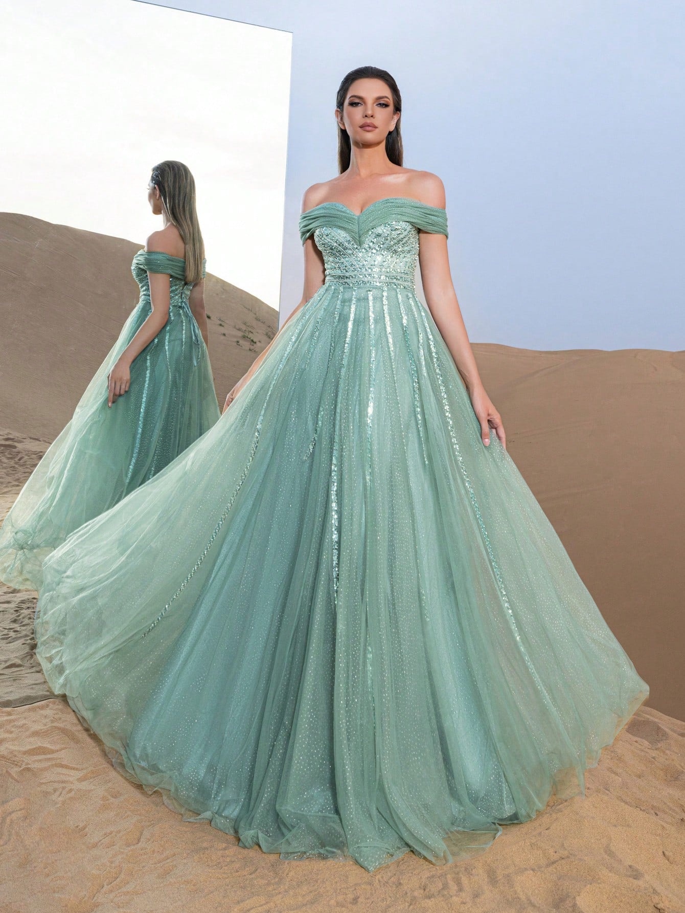 Gorgeous Off Shoulder Beaded Bodice Tulle Formal Prom Dresses & Evening Gowns
