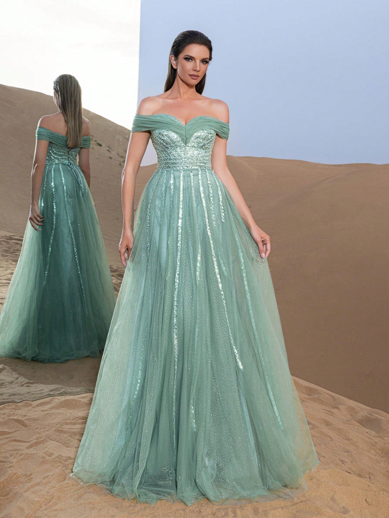 Gorgeous Off Shoulder Beaded Bodice Tulle Formal Prom Dresses & Evening Gowns