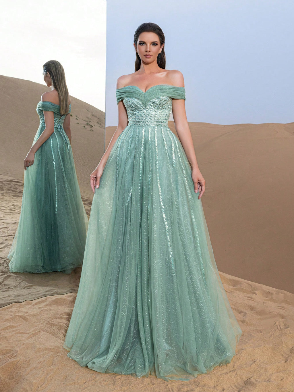 Gorgeous Off Shoulder Beaded Bodice Tulle Formal Prom Dresses & Evening Gowns