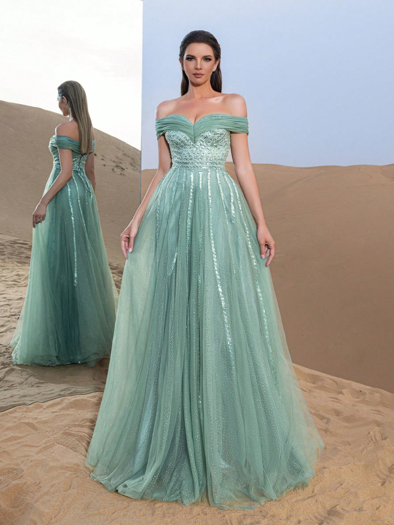 Gorgeous Off Shoulder Beaded Bodice Tulle Formal Prom Dresses & Evening Gowns