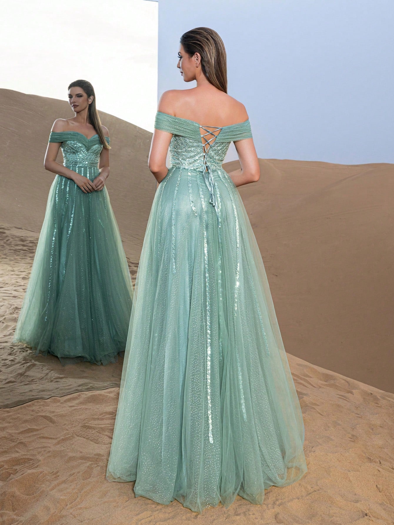 Gorgeous Off Shoulder Beaded Bodice Tulle Formal Prom Dresses & Evening Gowns