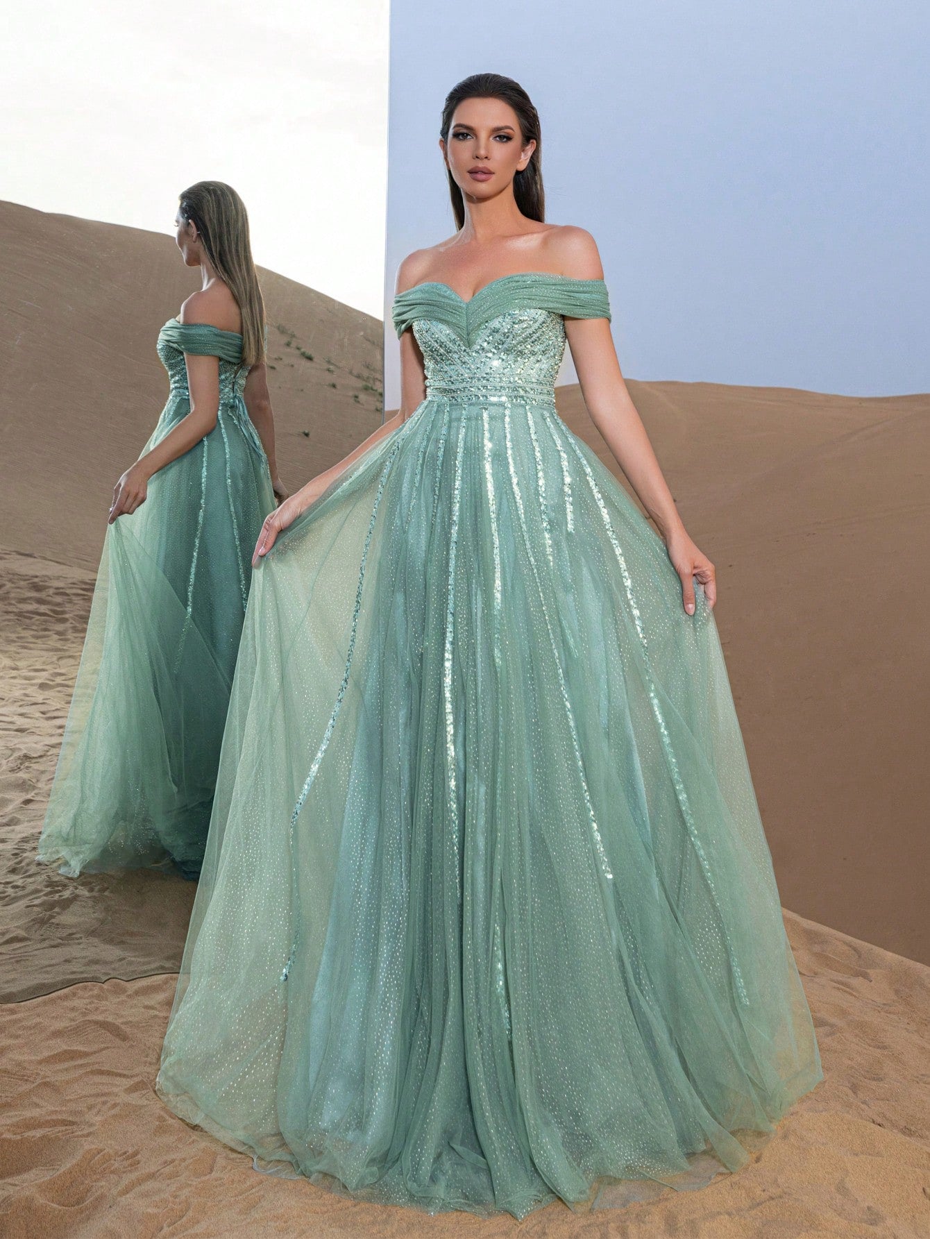 Gorgeous Off Shoulder Beaded Bodice Tulle Formal Prom Dresses & Evening Gowns