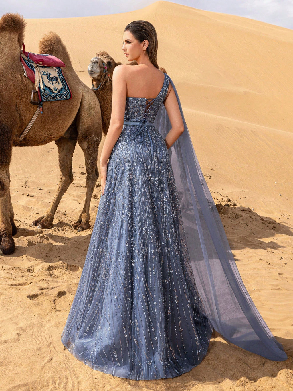 Gorgeous One Shoulder Sheer Draped Side Beaded Formal Prom Dresses & Evening Gowns
