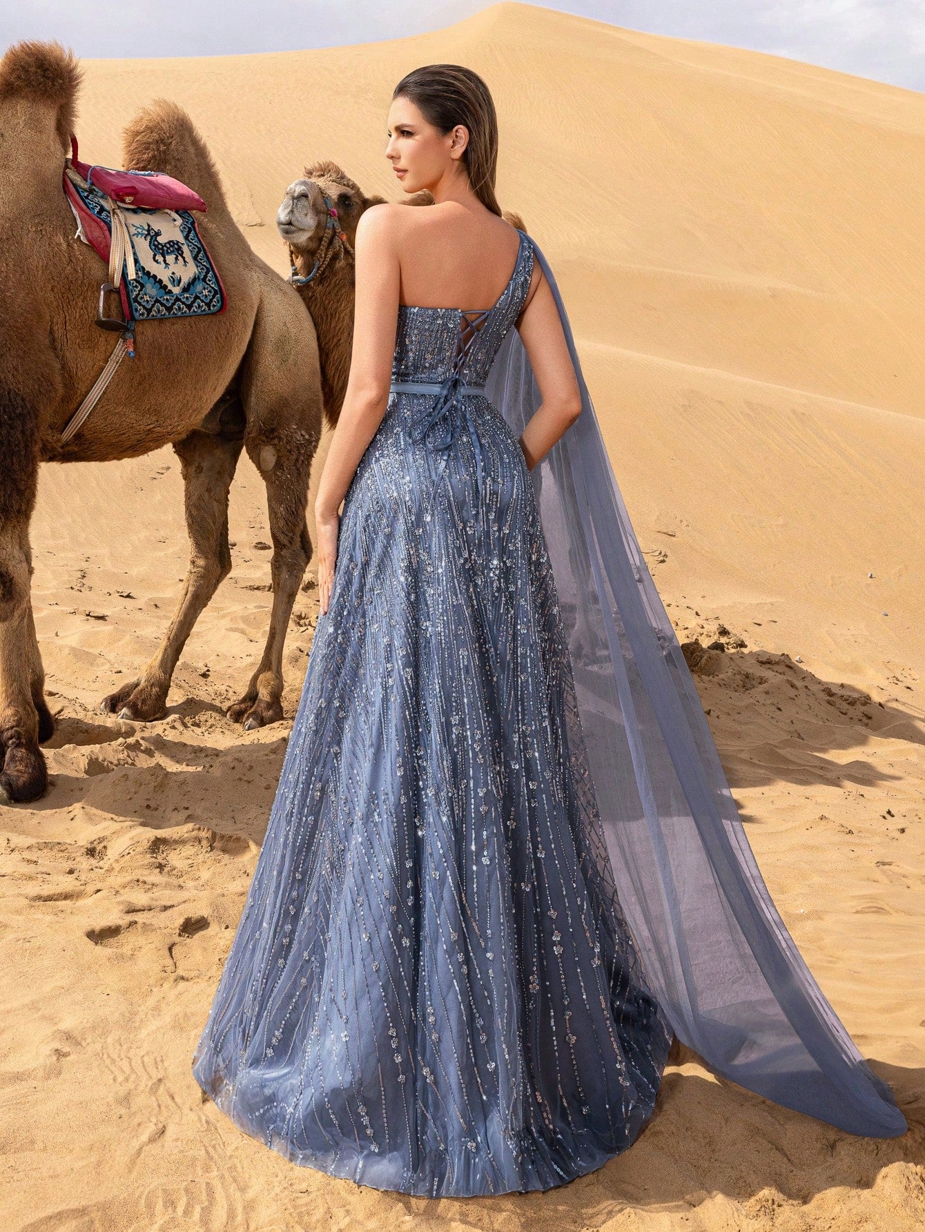 Gorgeous One Shoulder Sheer Draped Side Beaded Formal Prom Dresses & Evening Gowns