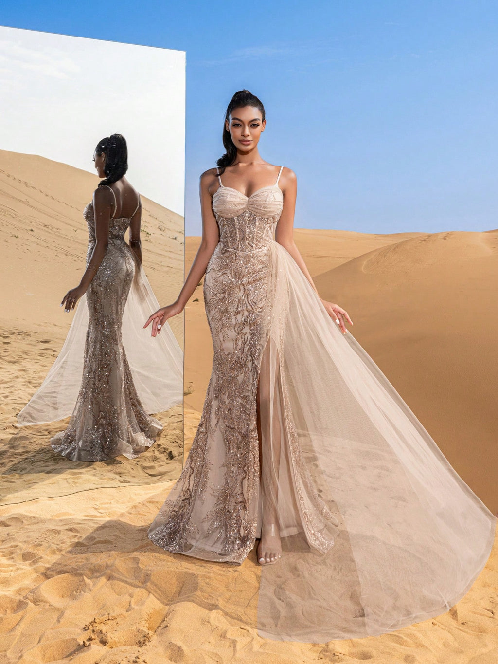 Gorgeous Mesh Overlay Split Floral Sequined Beaded Formal Slip Dresses & Evening Gowns