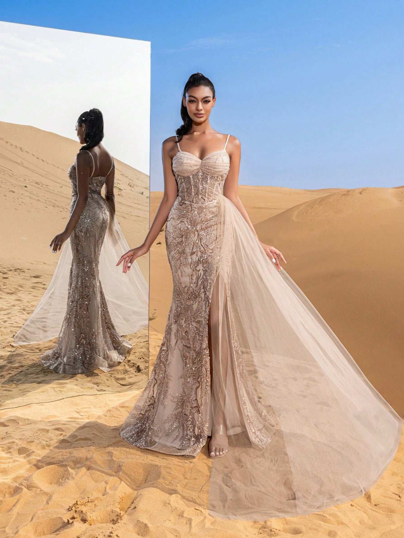 Gorgeous Mesh Overlay Split Floral Sequined Beaded Formal Slip Dresses & Evening Gowns