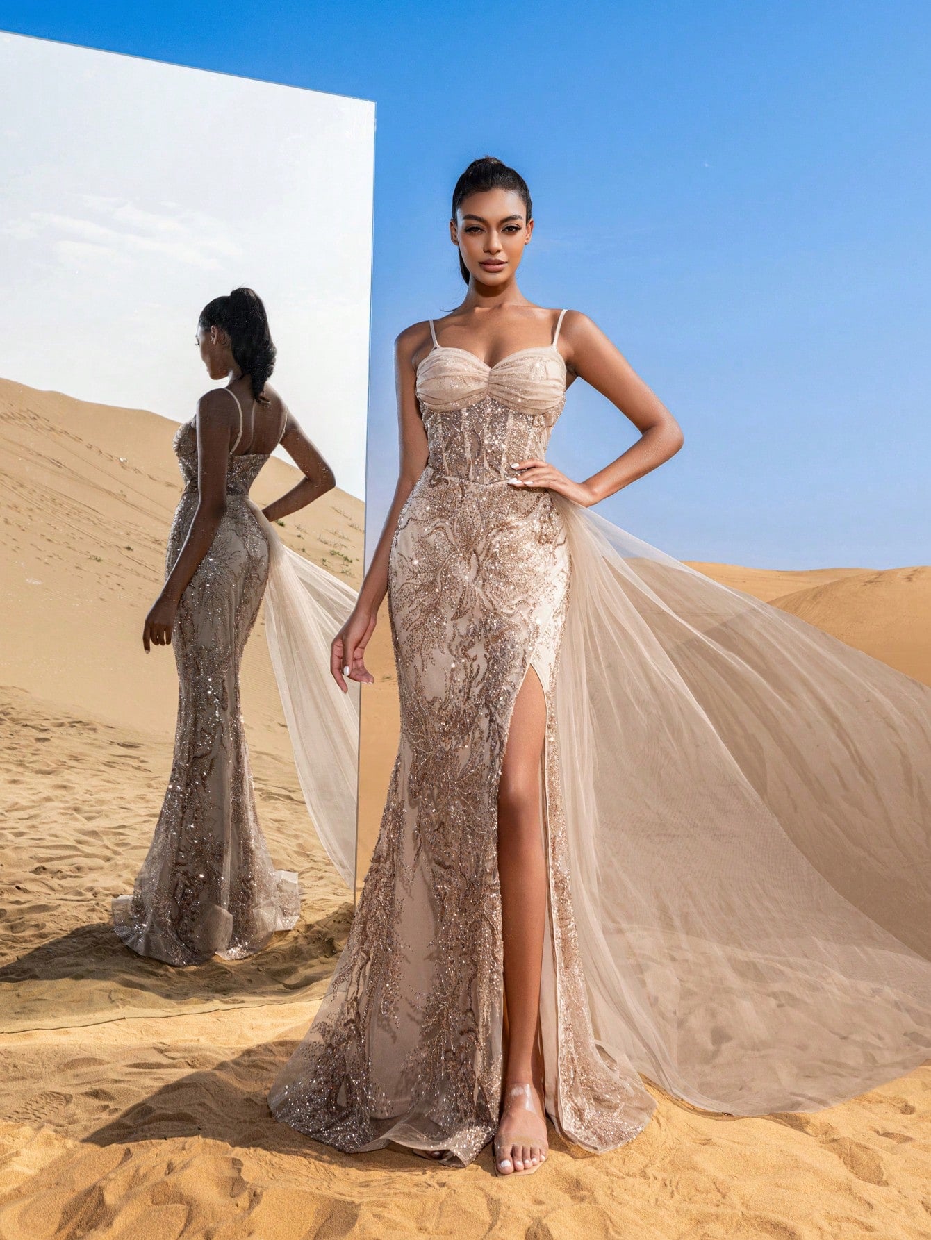 Gorgeous Mesh Overlay Split Floral Sequined Beaded Formal Slip Dresses & Evening Gowns