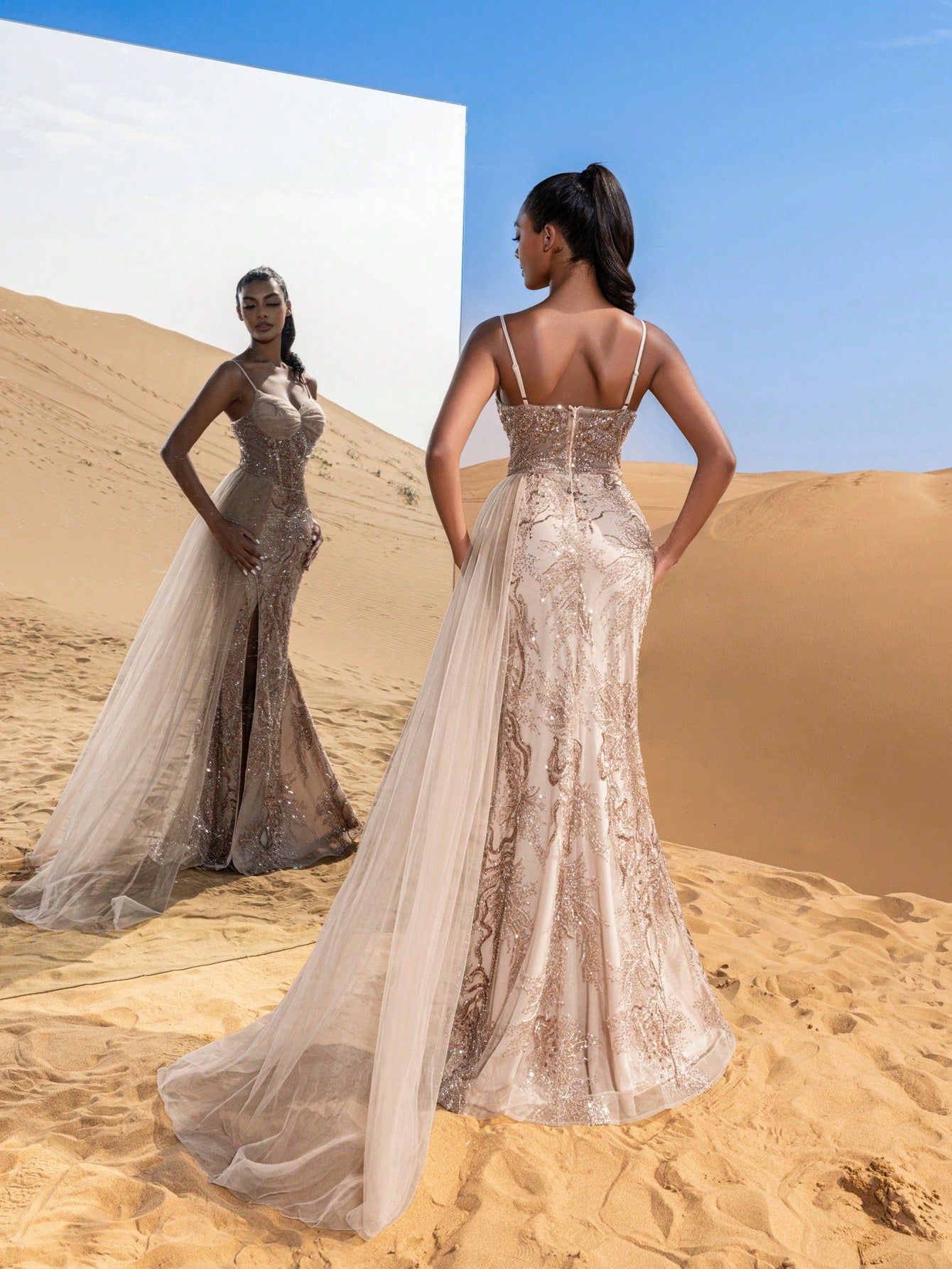 Gorgeous Mesh Overlay Split Floral Sequined Beaded Formal Slip Dresses & Evening Gowns