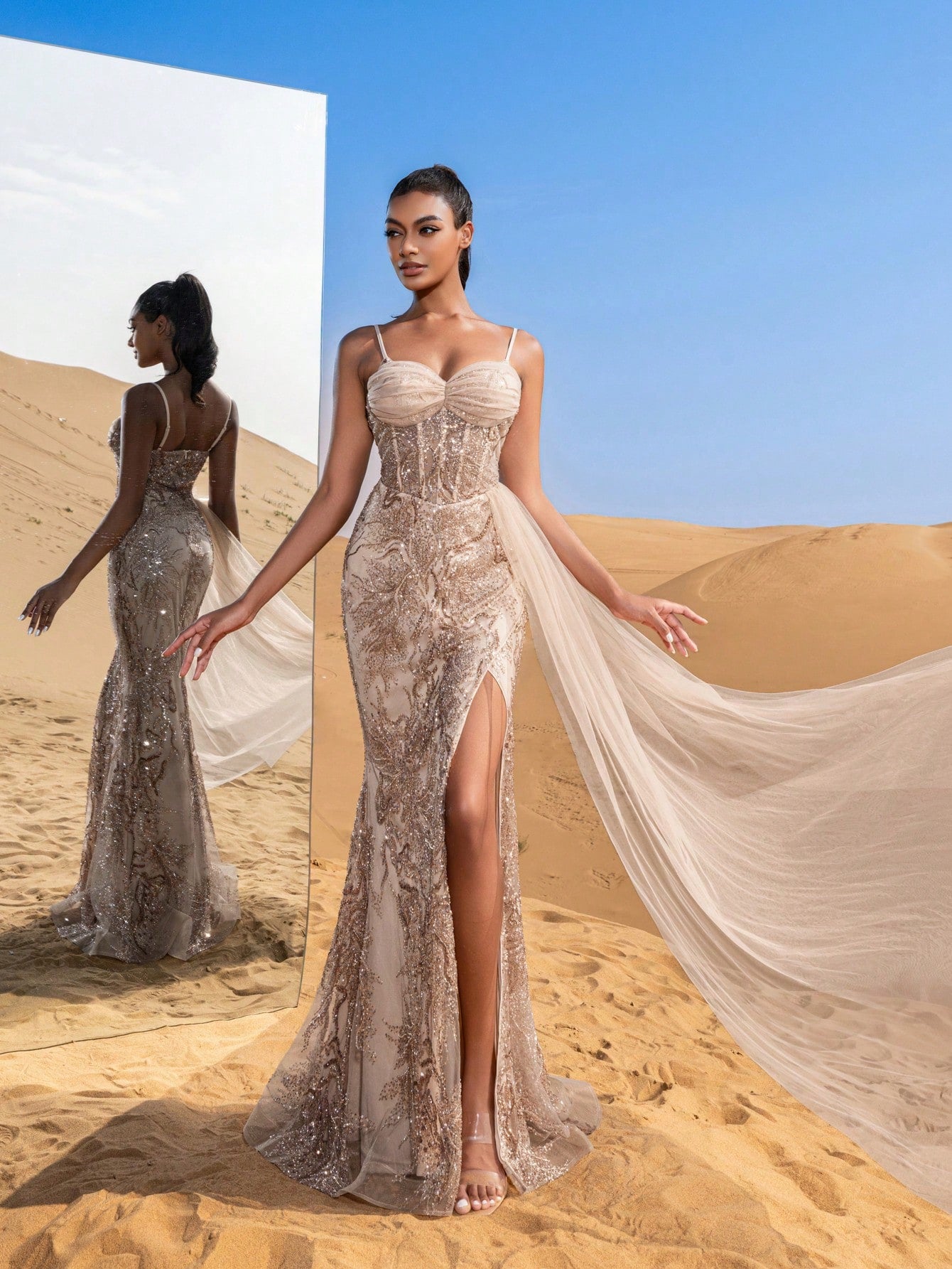 Gorgeous Mesh Overlay Split Floral Sequined Beaded Formal Slip Dresses & Evening Gowns