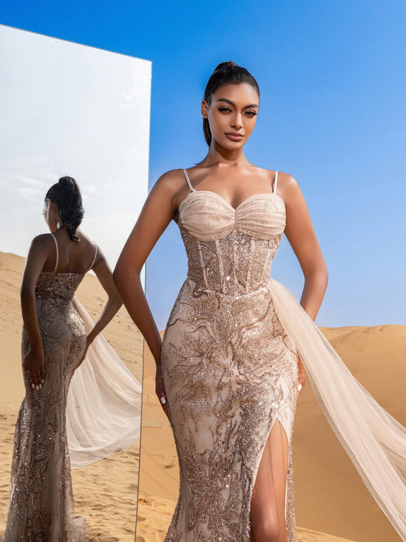 Gorgeous Mesh Overlay Split Floral Sequined Beaded Formal Slip Dresses & Evening Gowns