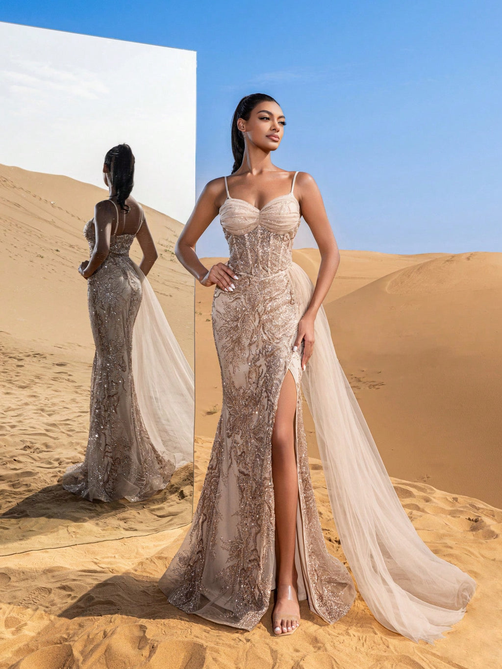 Gorgeous Mesh Overlay Split Floral Sequined Beaded Formal Slip Dresses & Evening Gowns