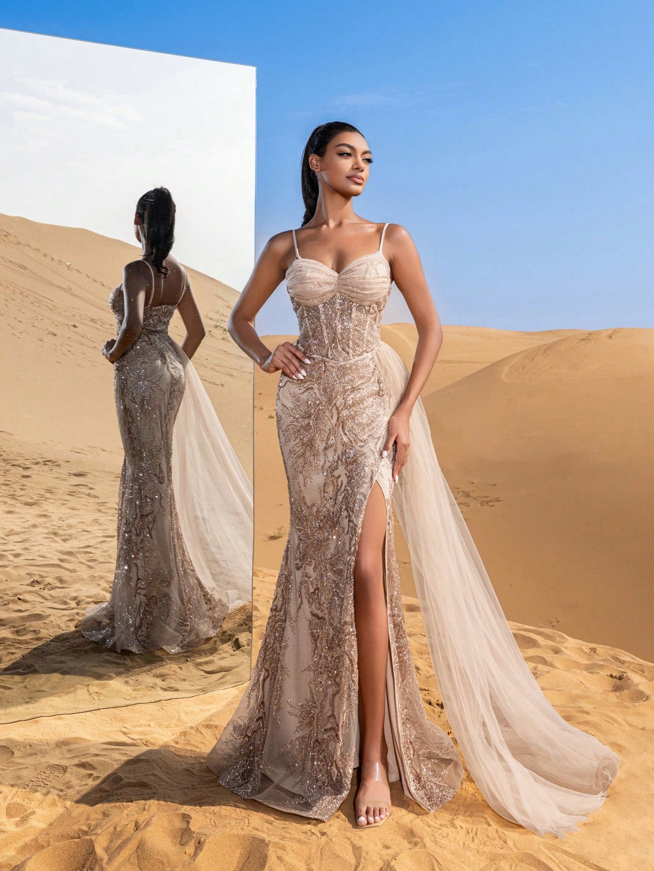 Gorgeous Mesh Overlay Split Floral Sequined Beaded Formal Slip Dresses & Evening Gowns